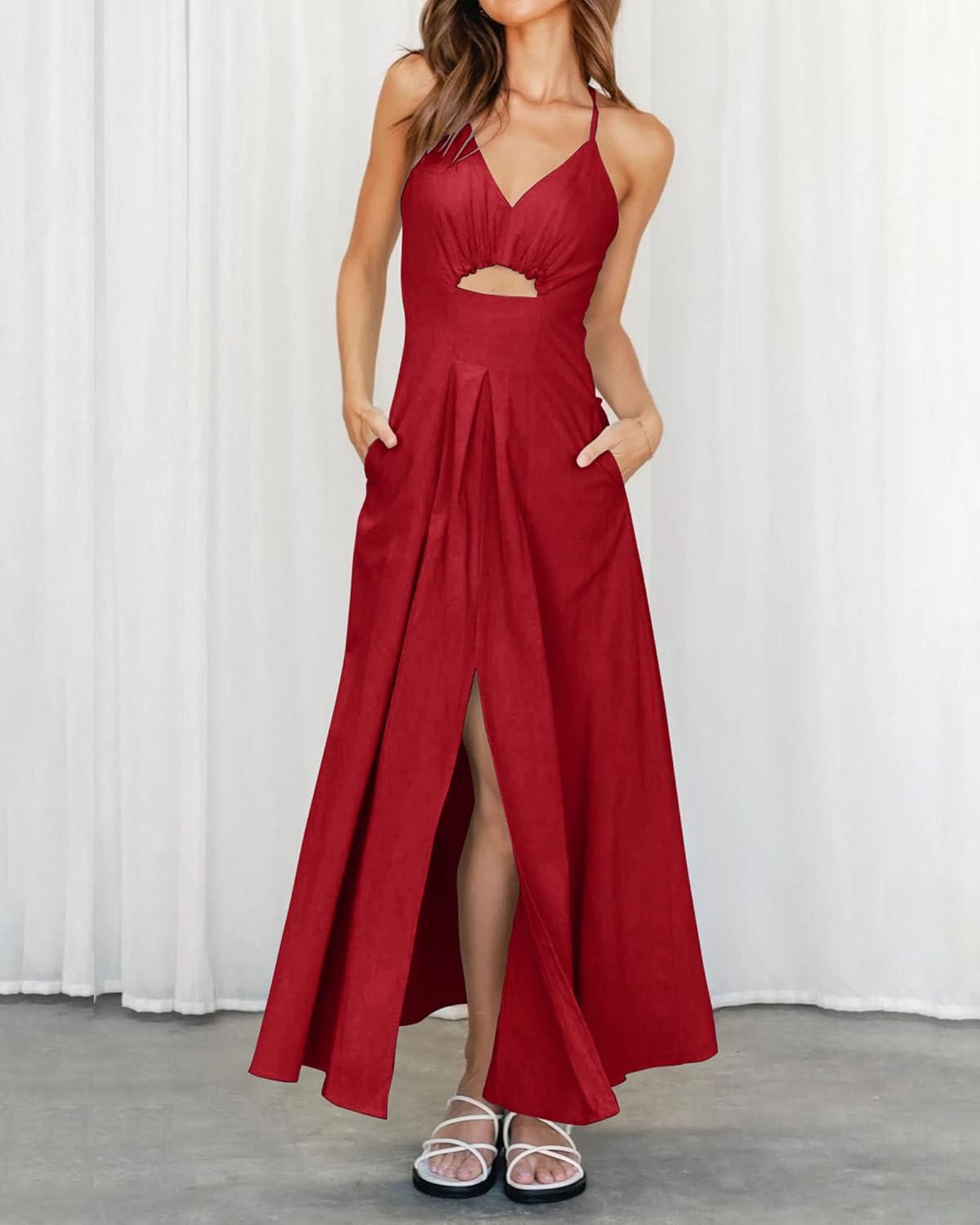 imageBTFBM Women 2026 Spaghetti Strap Midi Summer Dresses Sleeveless V Neck Cutout Slit Casual Beach Party Maxi Dress PocketsRed