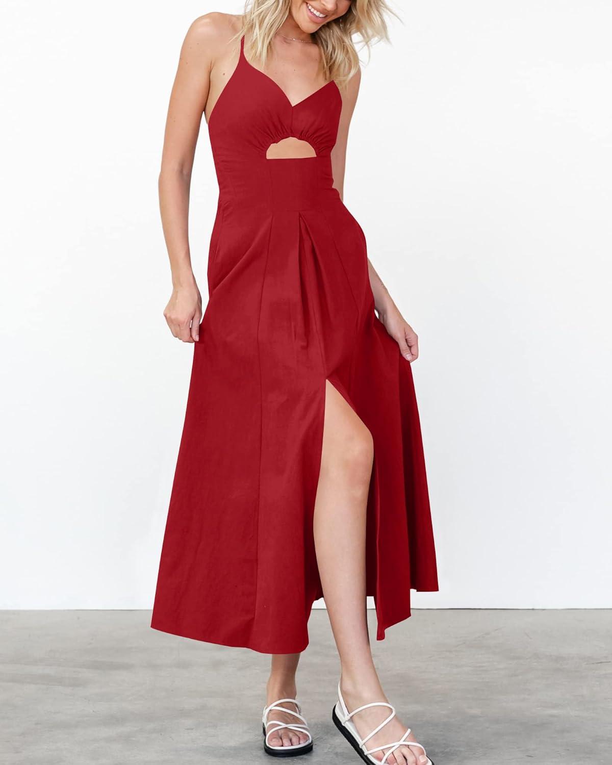 imageBTFBM Women 2026 Spaghetti Strap Midi Summer Dresses Sleeveless V Neck Cutout Slit Casual Beach Party Maxi Dress PocketsRed