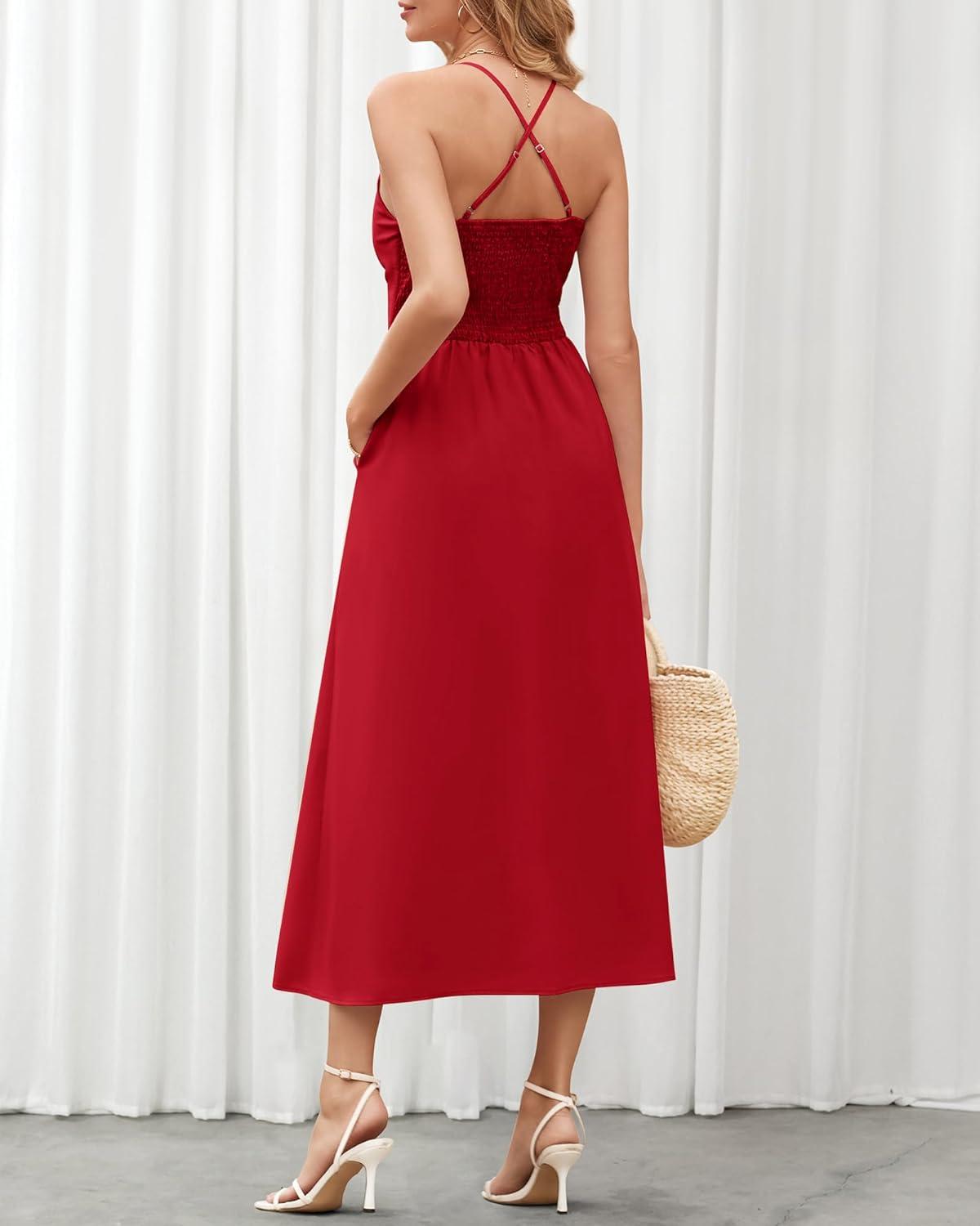 imageBTFBM Women 2026 Spaghetti Strap Midi Summer Dresses Sleeveless V Neck Cutout Slit Casual Beach Party Maxi Dress PocketsRed