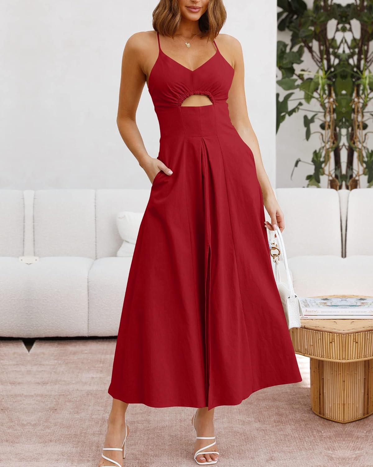 imageBTFBM Women 2026 Spaghetti Strap Midi Summer Dresses Sleeveless V Neck Cutout Slit Casual Beach Party Maxi Dress PocketsRed