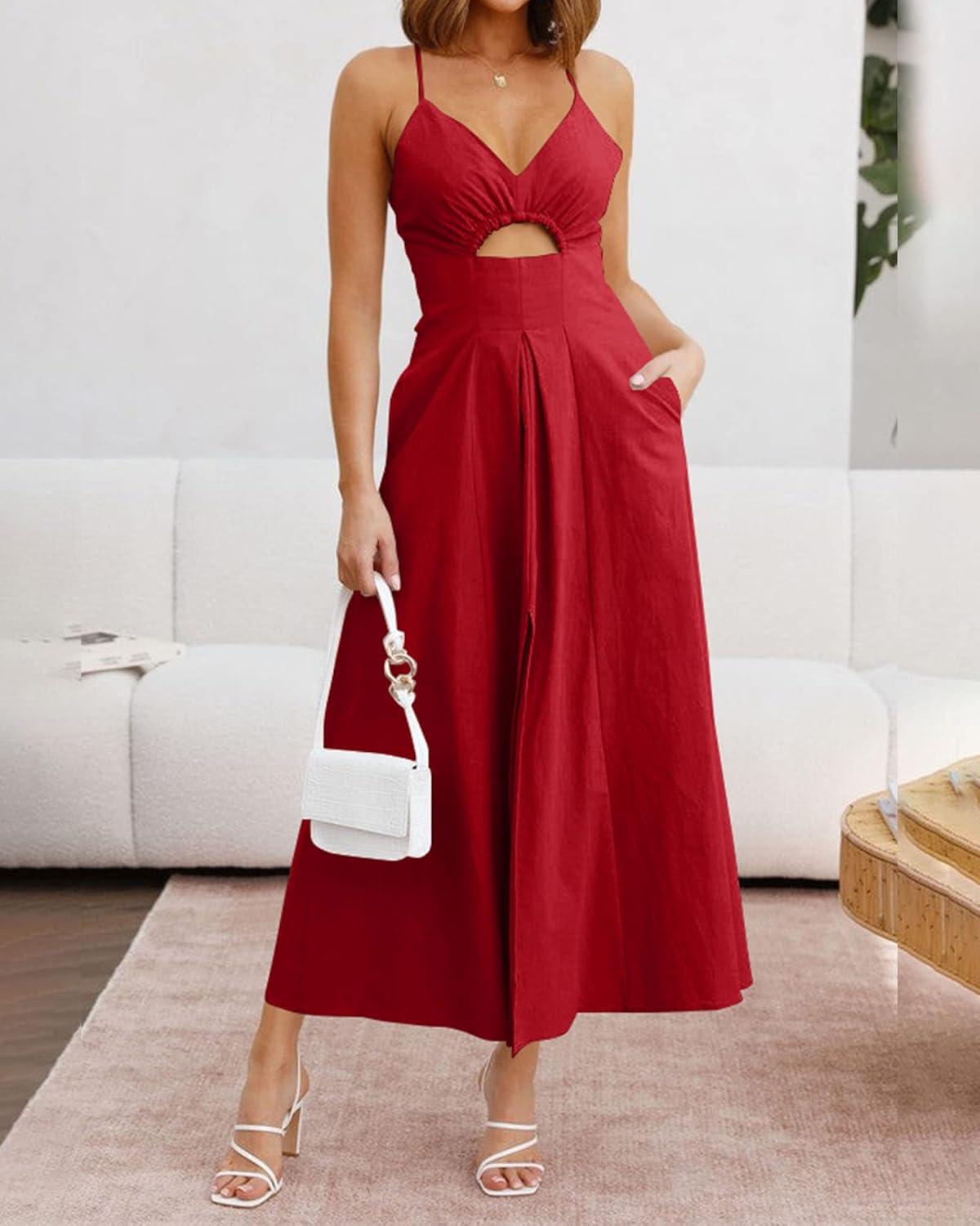 imageBTFBM Women 2026 Spaghetti Strap Midi Summer Dresses Sleeveless V Neck Cutout Slit Casual Beach Party Maxi Dress PocketsRed
