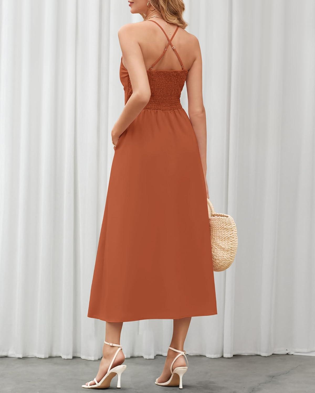 imageBTFBM Women 2026 Spaghetti Strap Midi Summer Dresses Sleeveless V Neck Cutout Slit Casual Beach Party Maxi Dress PocketsRust Red