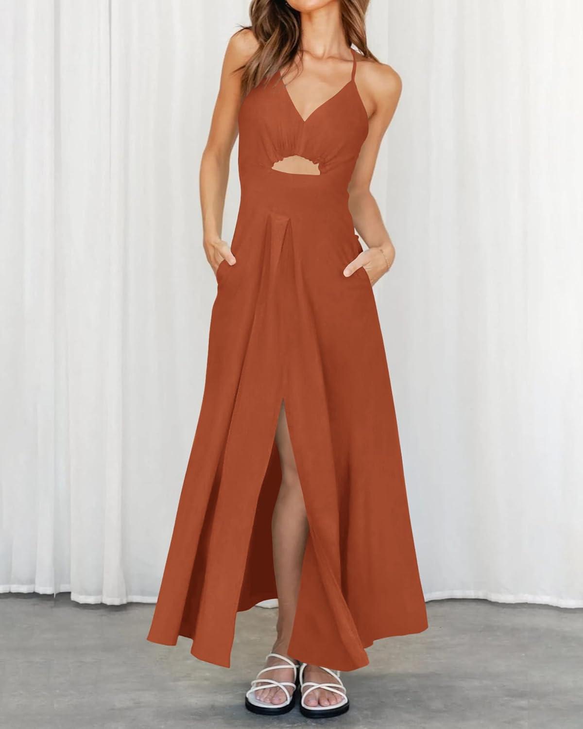 imageBTFBM Women 2026 Spaghetti Strap Midi Summer Dresses Sleeveless V Neck Cutout Slit Casual Beach Party Maxi Dress PocketsRust Red