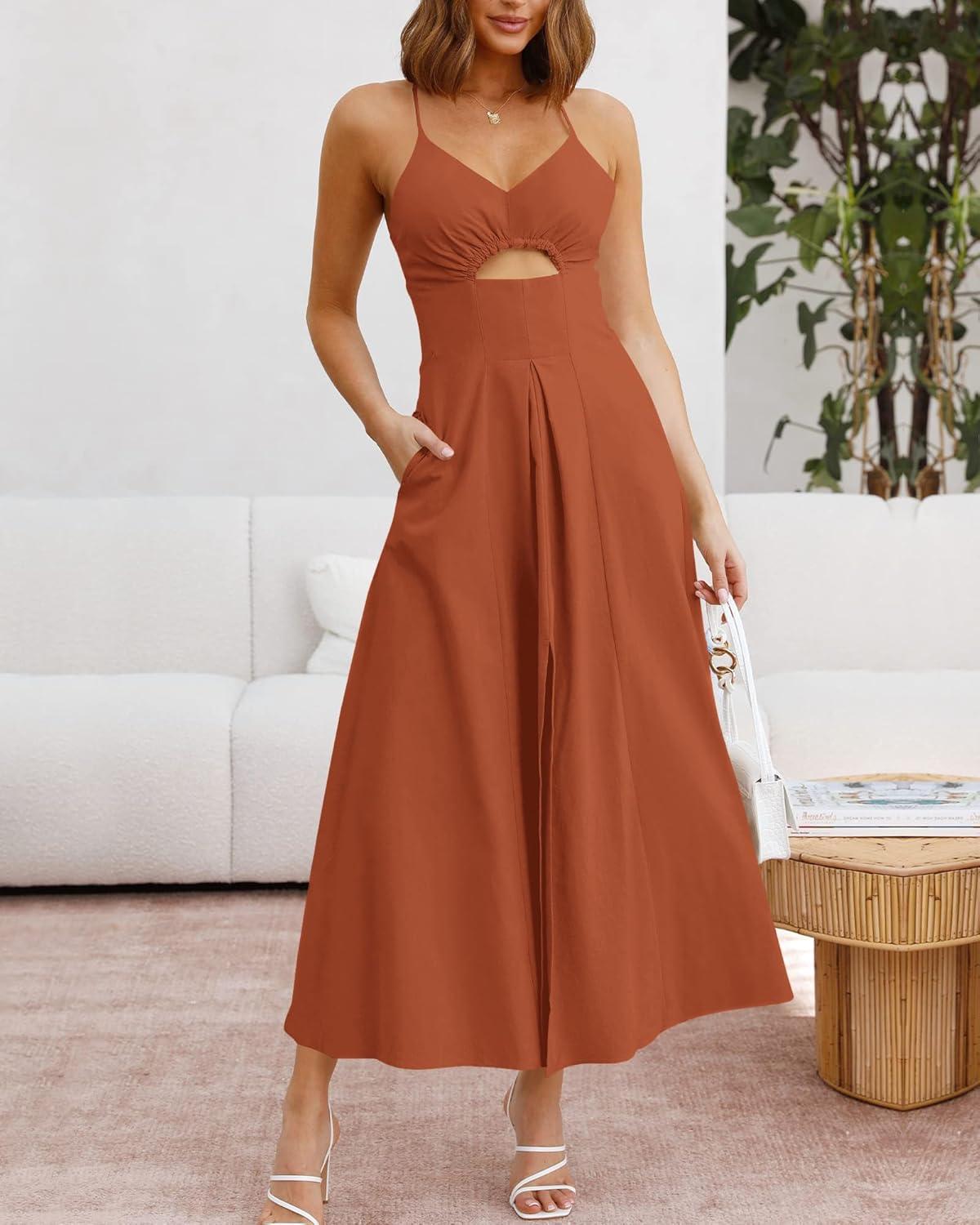 imageBTFBM Women 2026 Spaghetti Strap Midi Summer Dresses Sleeveless V Neck Cutout Slit Casual Beach Party Maxi Dress PocketsRust Red