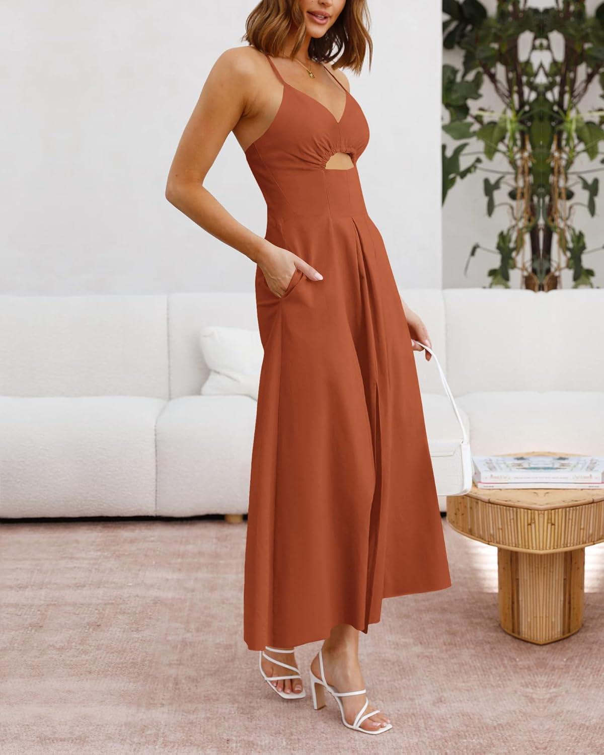 imageBTFBM Women 2026 Spaghetti Strap Midi Summer Dresses Sleeveless V Neck Cutout Slit Casual Beach Party Maxi Dress PocketsRust Red