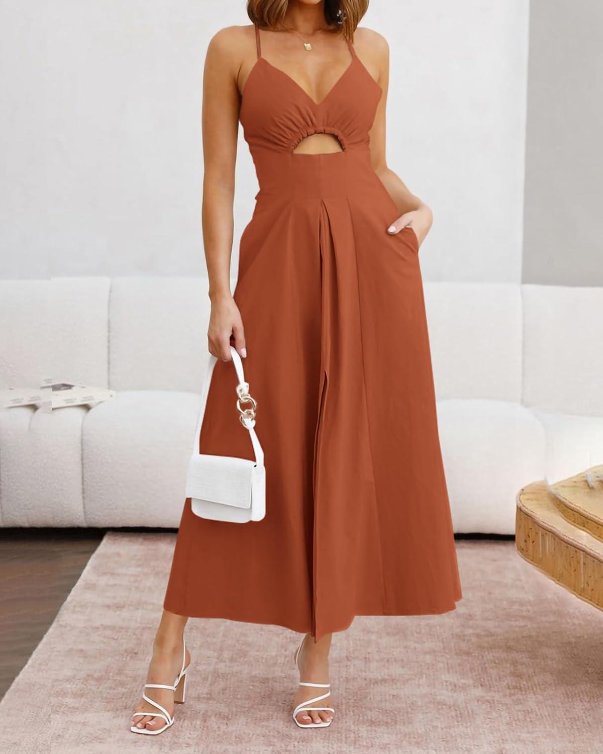 imageBTFBM Women 2026 Spaghetti Strap Midi Summer Dresses Sleeveless V Neck Cutout Slit Casual Beach Party Maxi Dress PocketsRust Red