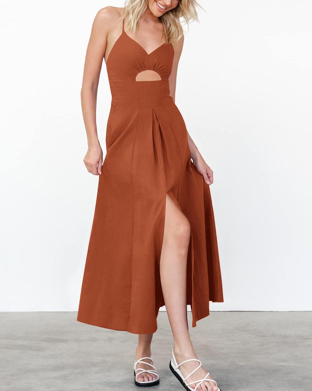 imageBTFBM Women 2026 Spaghetti Strap Midi Summer Dresses Sleeveless V Neck Cutout Slit Casual Beach Party Maxi Dress PocketsRust Red