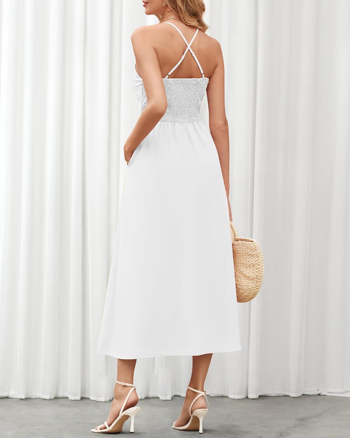 imageBTFBM Women 2026 Spaghetti Strap Midi Summer Dresses Sleeveless V Neck Cutout Slit Casual Beach Party Maxi Dress PocketsWhite