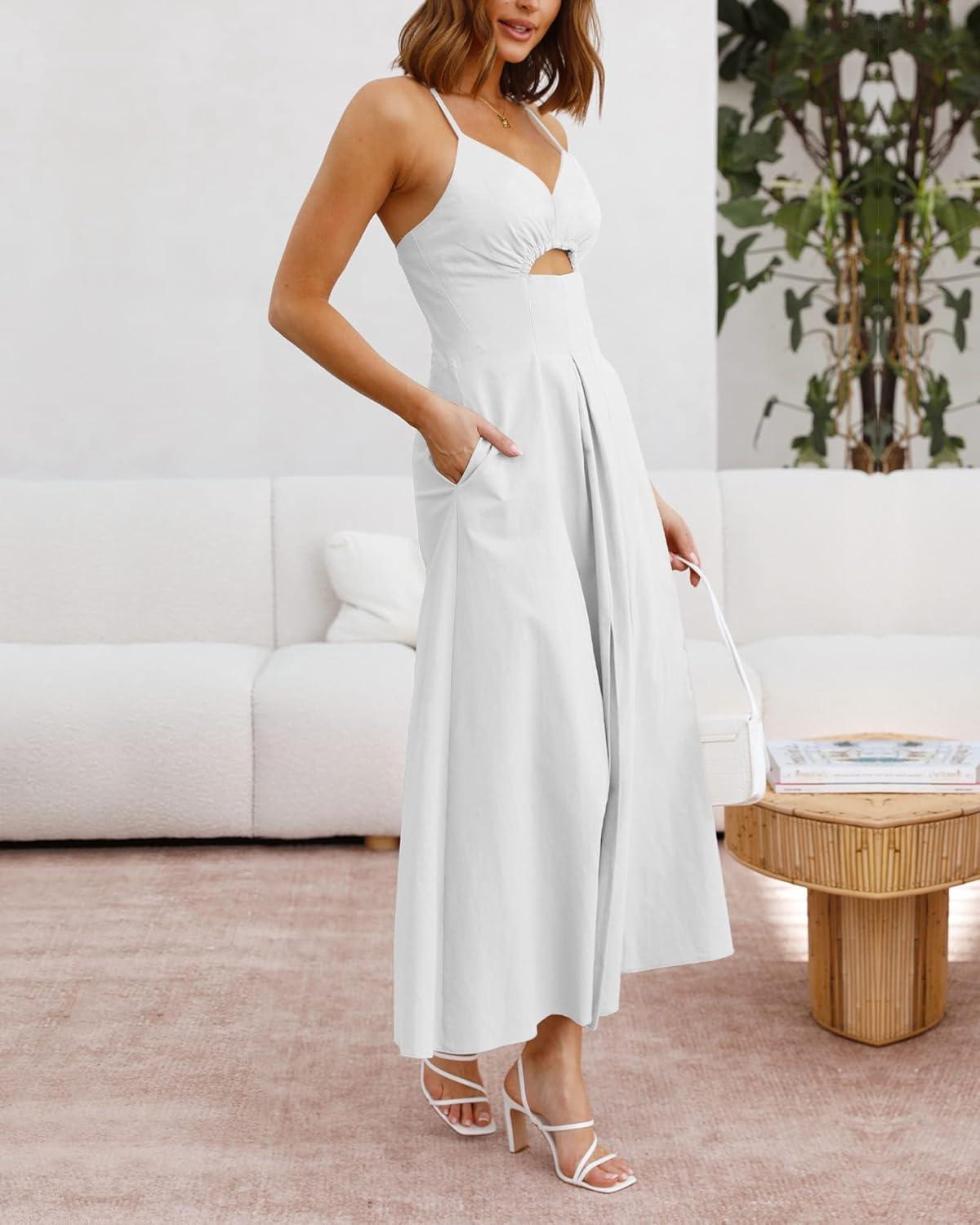 imageBTFBM Women 2026 Spaghetti Strap Midi Summer Dresses Sleeveless V Neck Cutout Slit Casual Beach Party Maxi Dress PocketsWhite