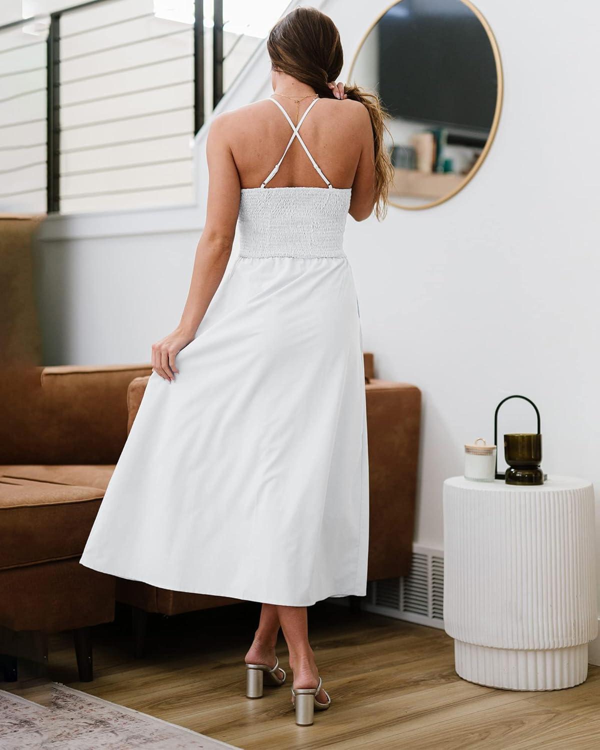 imageBTFBM Women 2026 Spaghetti Strap Midi Summer Dresses Sleeveless V Neck Cutout Slit Casual Beach Party Maxi Dress PocketsWhite