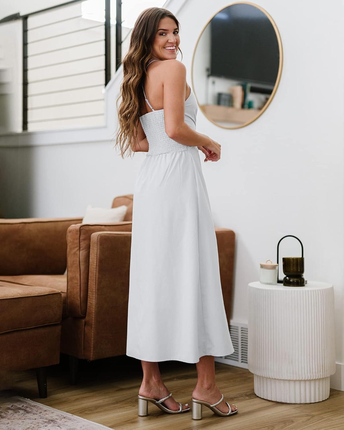 imageBTFBM Women 2026 Spaghetti Strap Midi Summer Dresses Sleeveless V Neck Cutout Slit Casual Beach Party Maxi Dress PocketsWhite