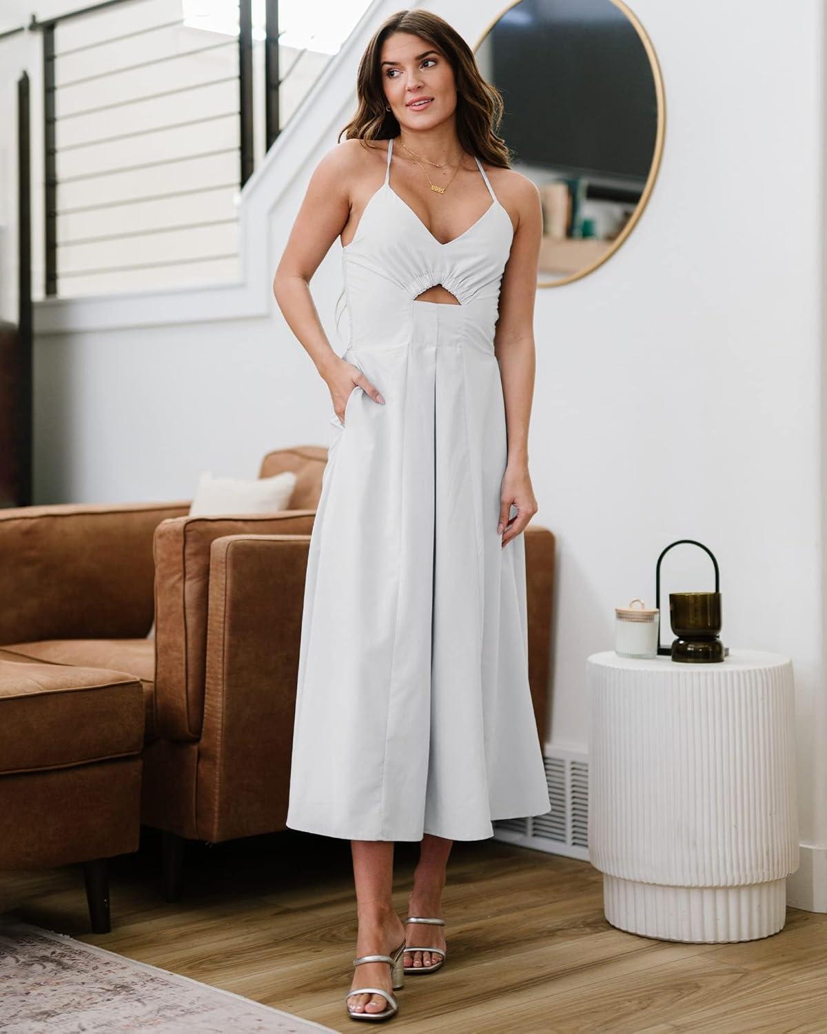 imageBTFBM Women 2026 Spaghetti Strap Midi Summer Dresses Sleeveless V Neck Cutout Slit Casual Beach Party Maxi Dress PocketsWhite
