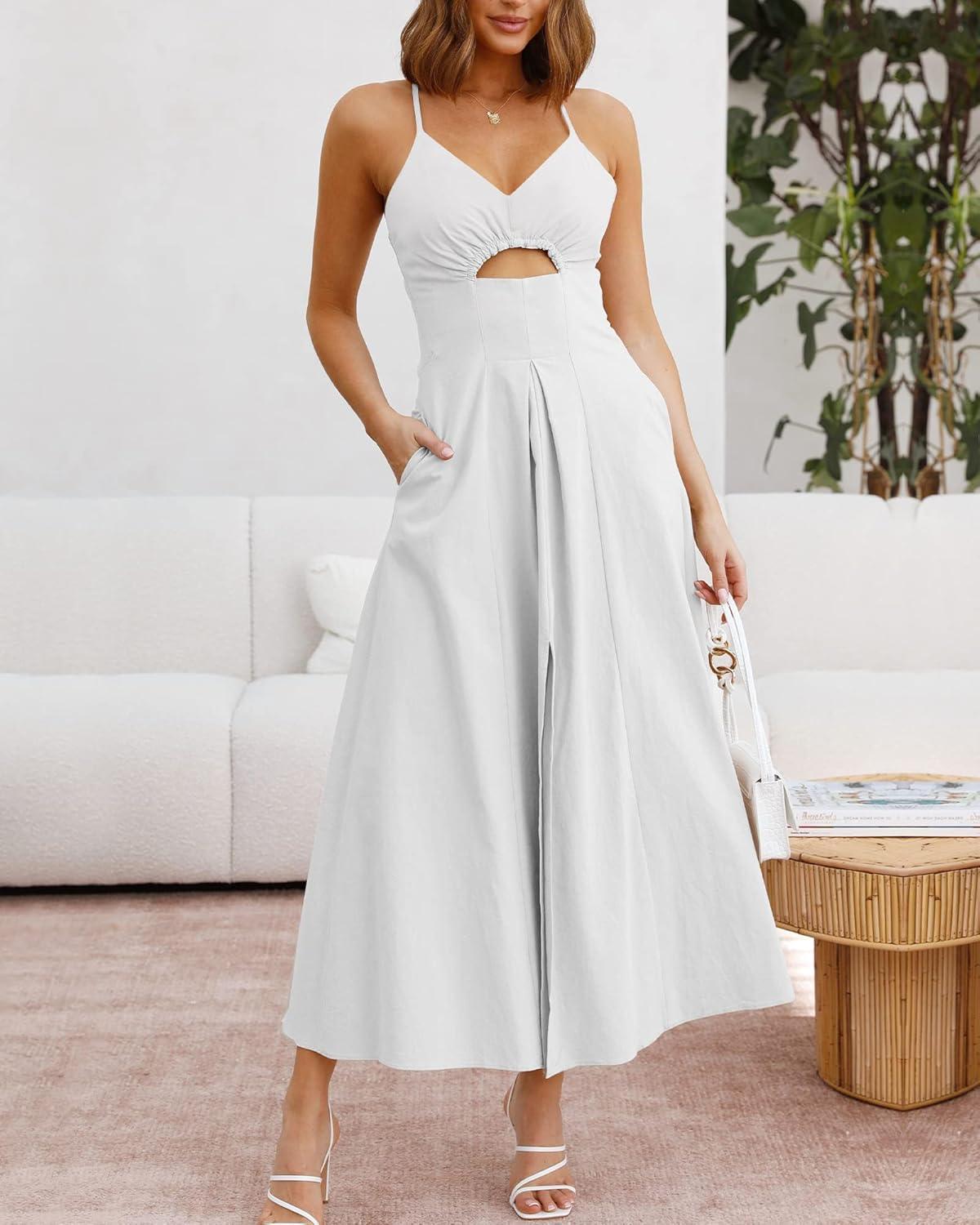 imageBTFBM Women 2026 Spaghetti Strap Midi Summer Dresses Sleeveless V Neck Cutout Slit Casual Beach Party Maxi Dress PocketsWhite