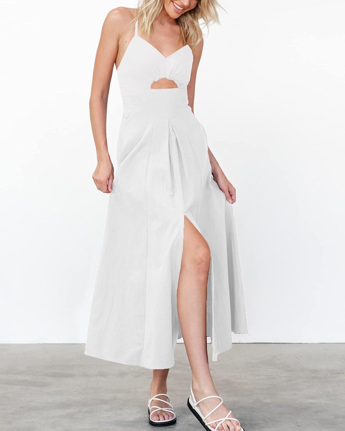 imageBTFBM Women 2026 Spaghetti Strap Midi Summer Dresses Sleeveless V Neck Cutout Slit Casual Beach Party Maxi Dress PocketsWhite
