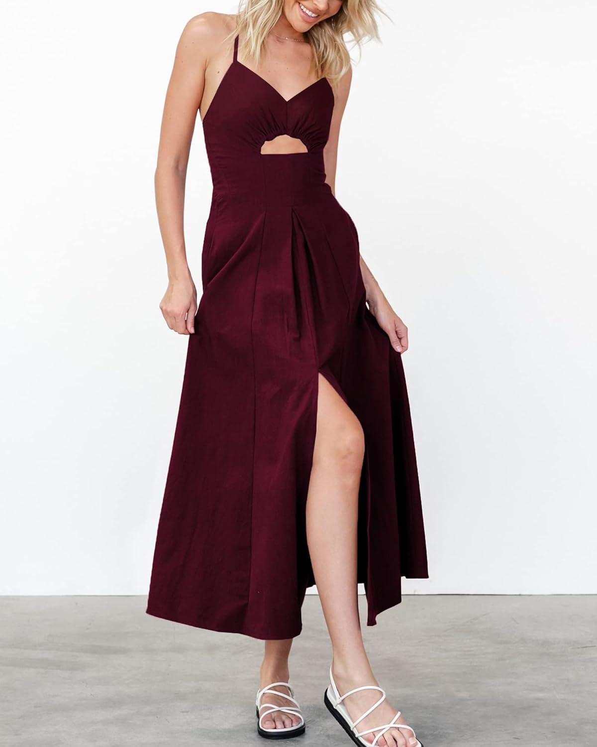 imageBTFBM Women 2026 Spaghetti Strap Midi Summer Dresses Sleeveless V Neck Cutout Slit Casual Beach Party Maxi Dress PocketsWine Red