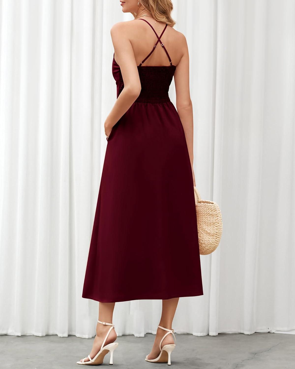 imageBTFBM Women 2026 Spaghetti Strap Midi Summer Dresses Sleeveless V Neck Cutout Slit Casual Beach Party Maxi Dress PocketsWine Red