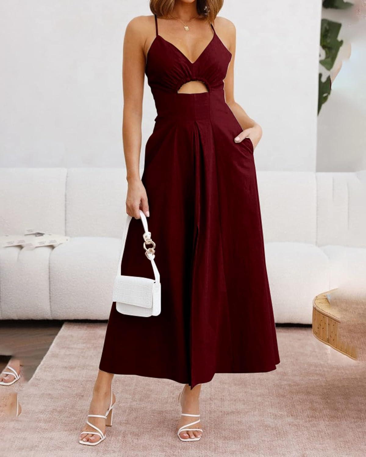 imageBTFBM Women 2026 Spaghetti Strap Midi Summer Dresses Sleeveless V Neck Cutout Slit Casual Beach Party Maxi Dress PocketsWine Red