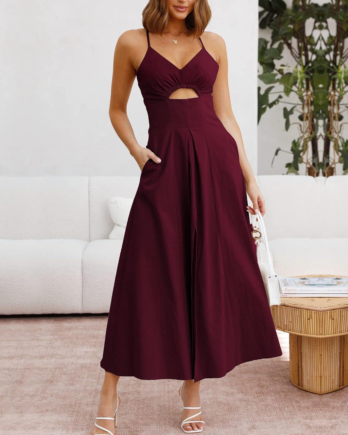 imageBTFBM Women 2026 Spaghetti Strap Midi Summer Dresses Sleeveless V Neck Cutout Slit Casual Beach Party Maxi Dress PocketsWine Red