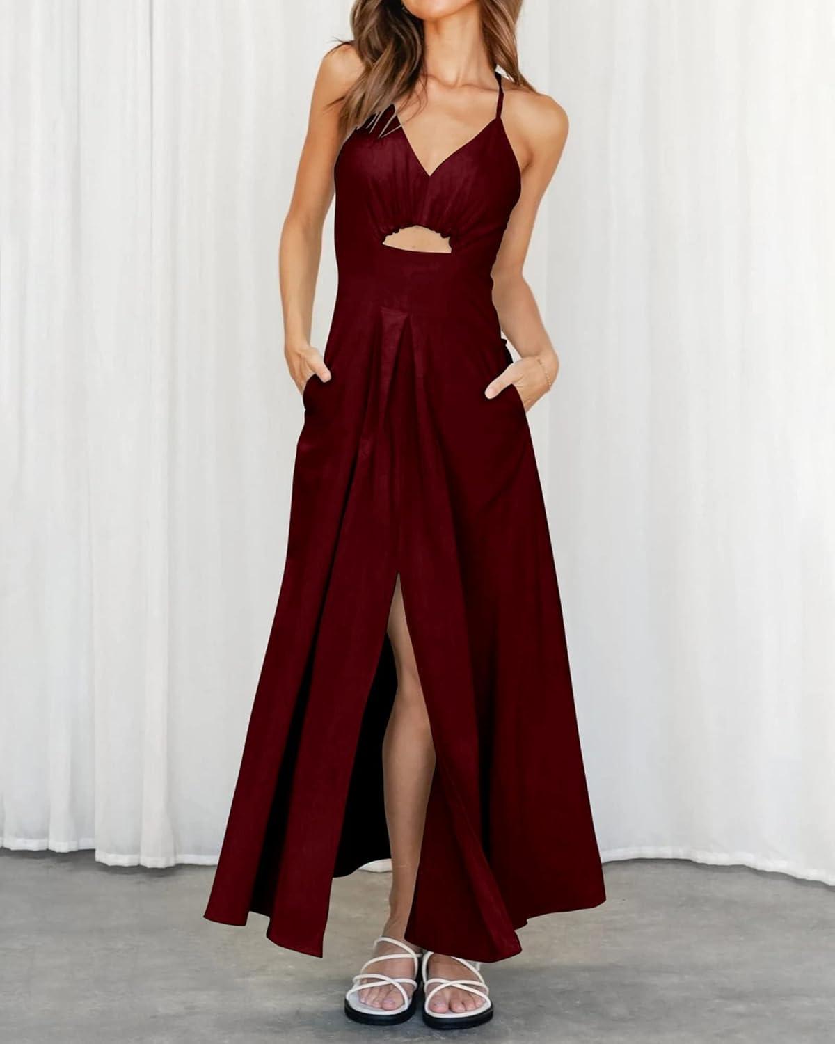 imageBTFBM Women 2026 Spaghetti Strap Midi Summer Dresses Sleeveless V Neck Cutout Slit Casual Beach Party Maxi Dress PocketsWine Red
