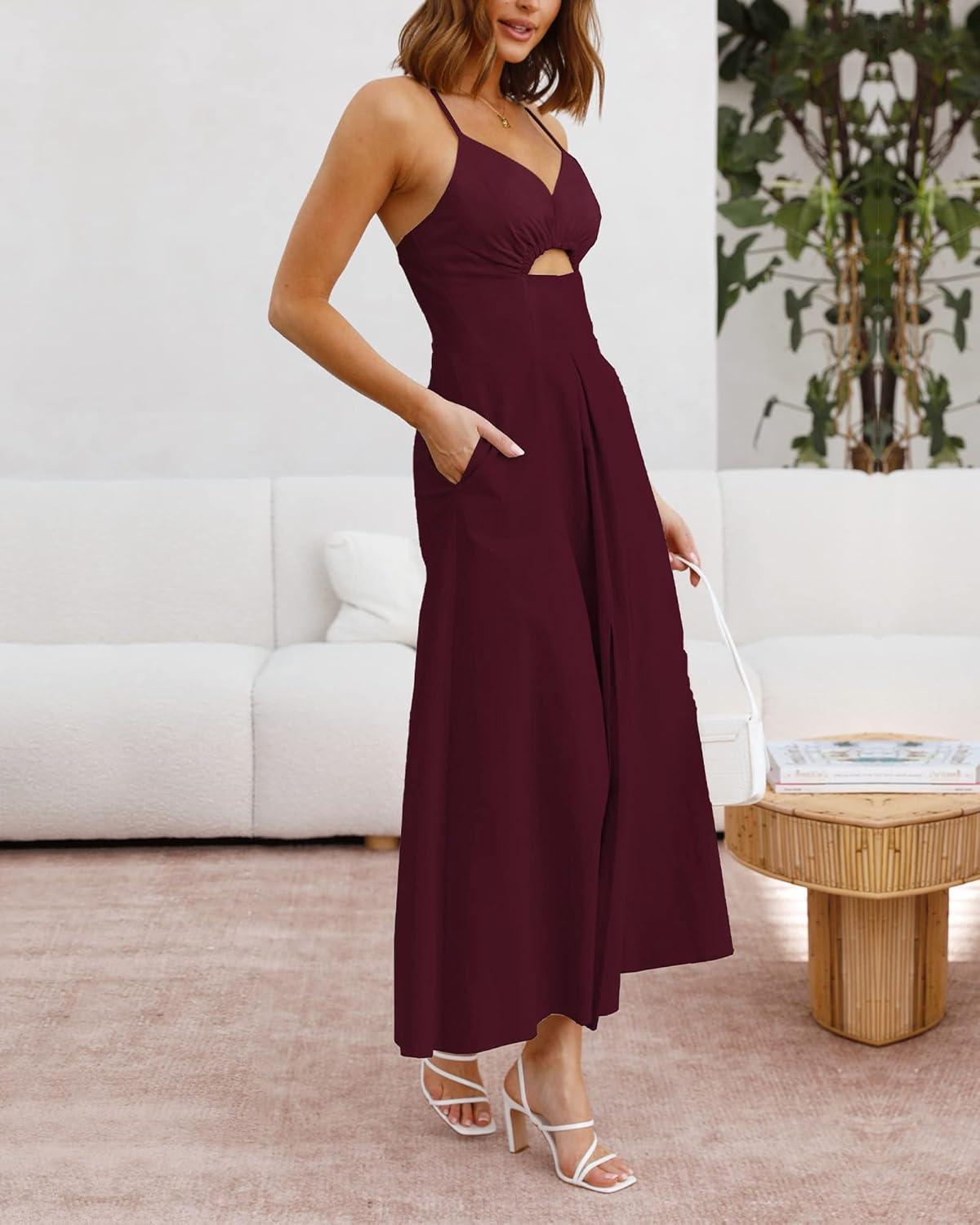 imageBTFBM Women 2026 Spaghetti Strap Midi Summer Dresses Sleeveless V Neck Cutout Slit Casual Beach Party Maxi Dress PocketsWine Red