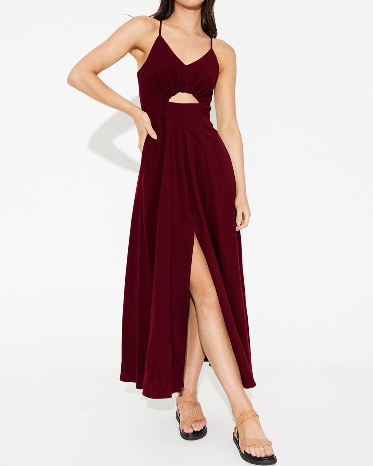 imageBTFBM Women 2026 Spaghetti Strap Midi Summer Dresses Sleeveless V Neck Cutout Slit Casual Beach Party Maxi Dress PocketsWine Red