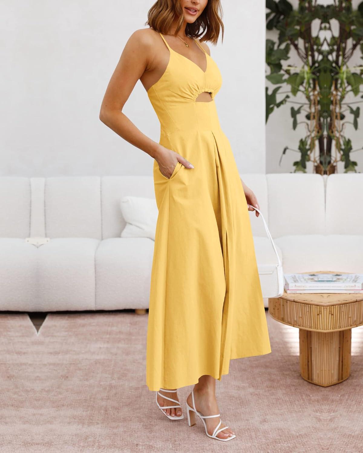 imageBTFBM Women 2026 Spaghetti Strap Midi Summer Dresses Sleeveless V Neck Cutout Slit Casual Beach Party Maxi Dress PocketsYellow