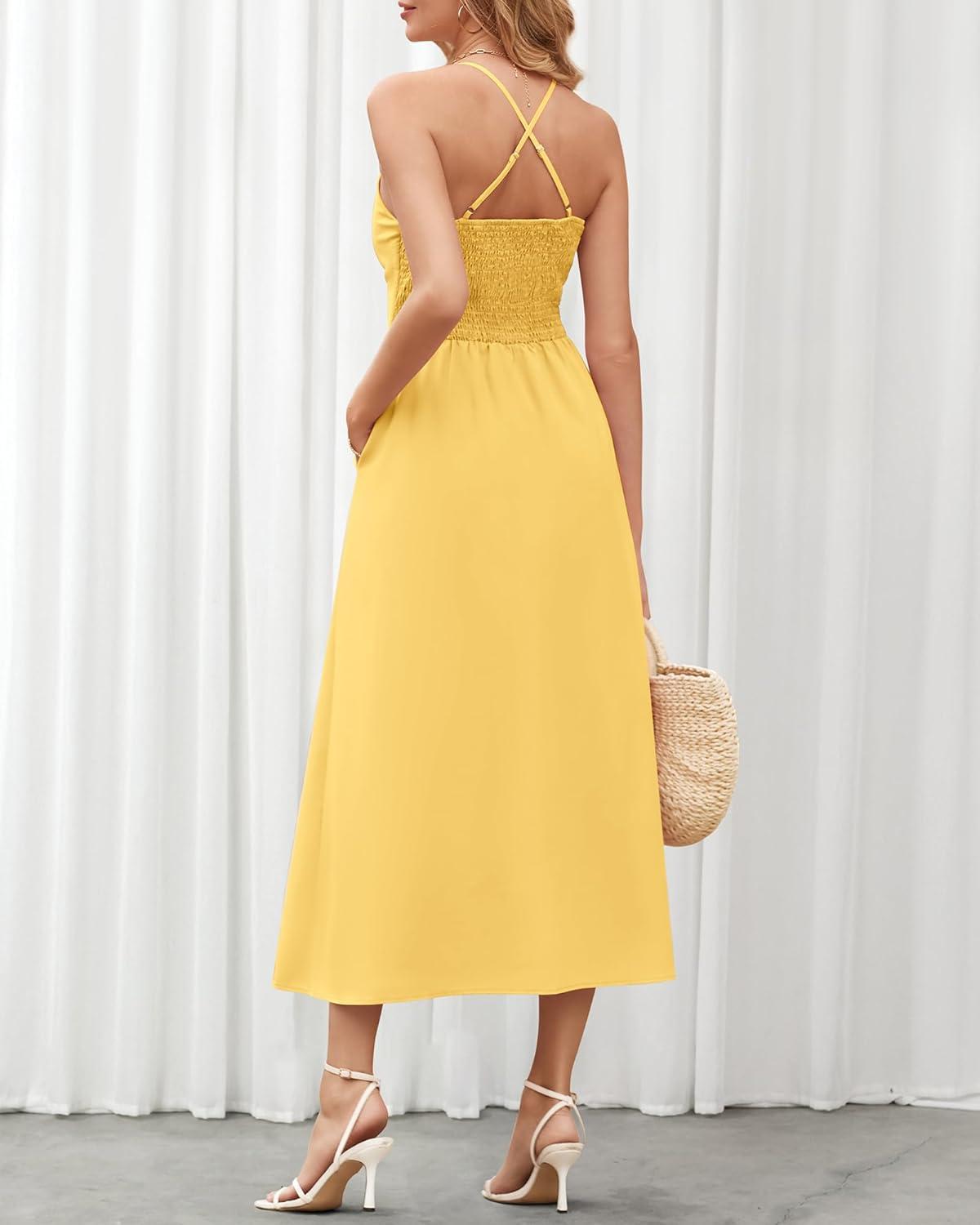 imageBTFBM Women 2026 Spaghetti Strap Midi Summer Dresses Sleeveless V Neck Cutout Slit Casual Beach Party Maxi Dress PocketsYellow