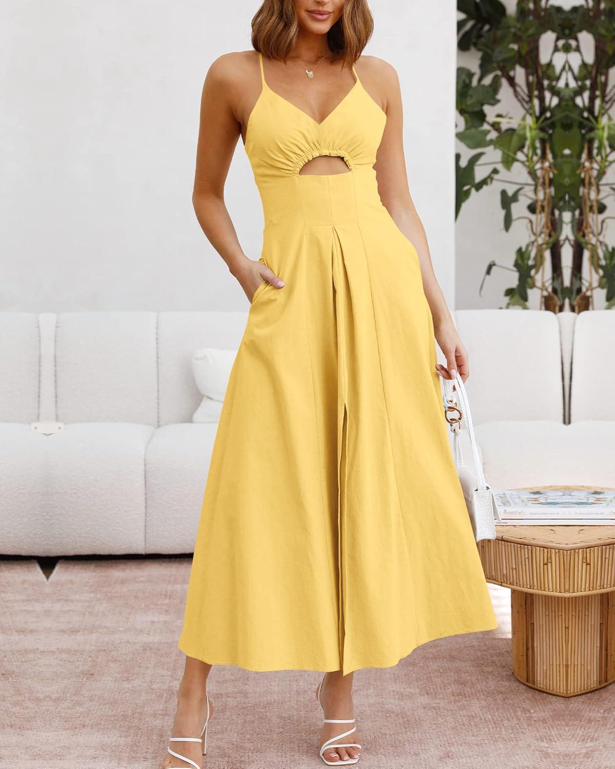 imageBTFBM Women 2026 Spaghetti Strap Midi Summer Dresses Sleeveless V Neck Cutout Slit Casual Beach Party Maxi Dress PocketsYellow