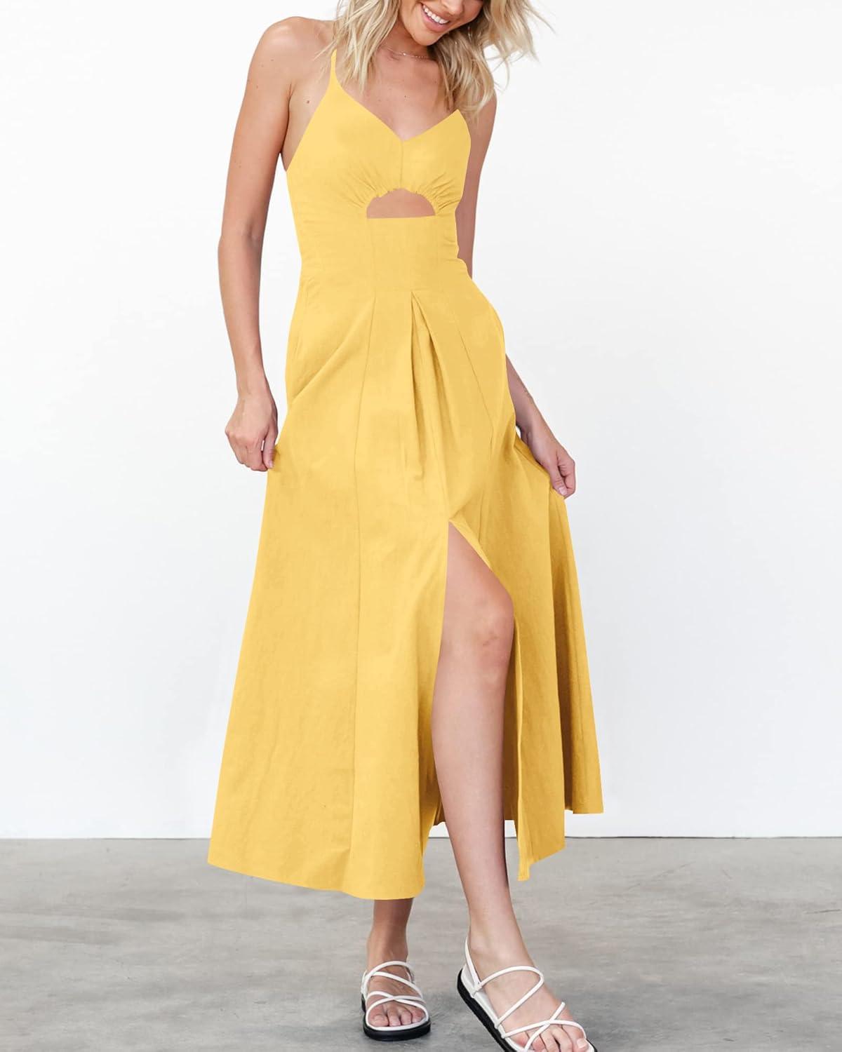 imageBTFBM Women 2026 Spaghetti Strap Midi Summer Dresses Sleeveless V Neck Cutout Slit Casual Beach Party Maxi Dress PocketsYellow