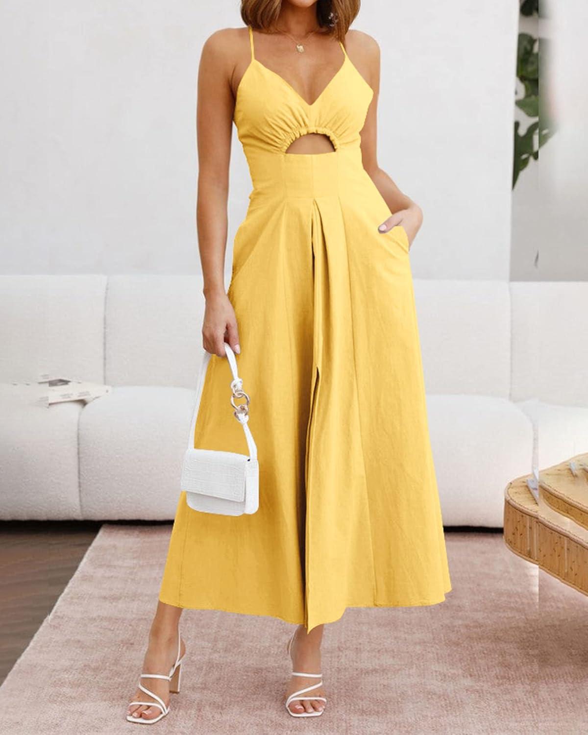 imageBTFBM Women 2026 Spaghetti Strap Midi Summer Dresses Sleeveless V Neck Cutout Slit Casual Beach Party Maxi Dress PocketsYellow