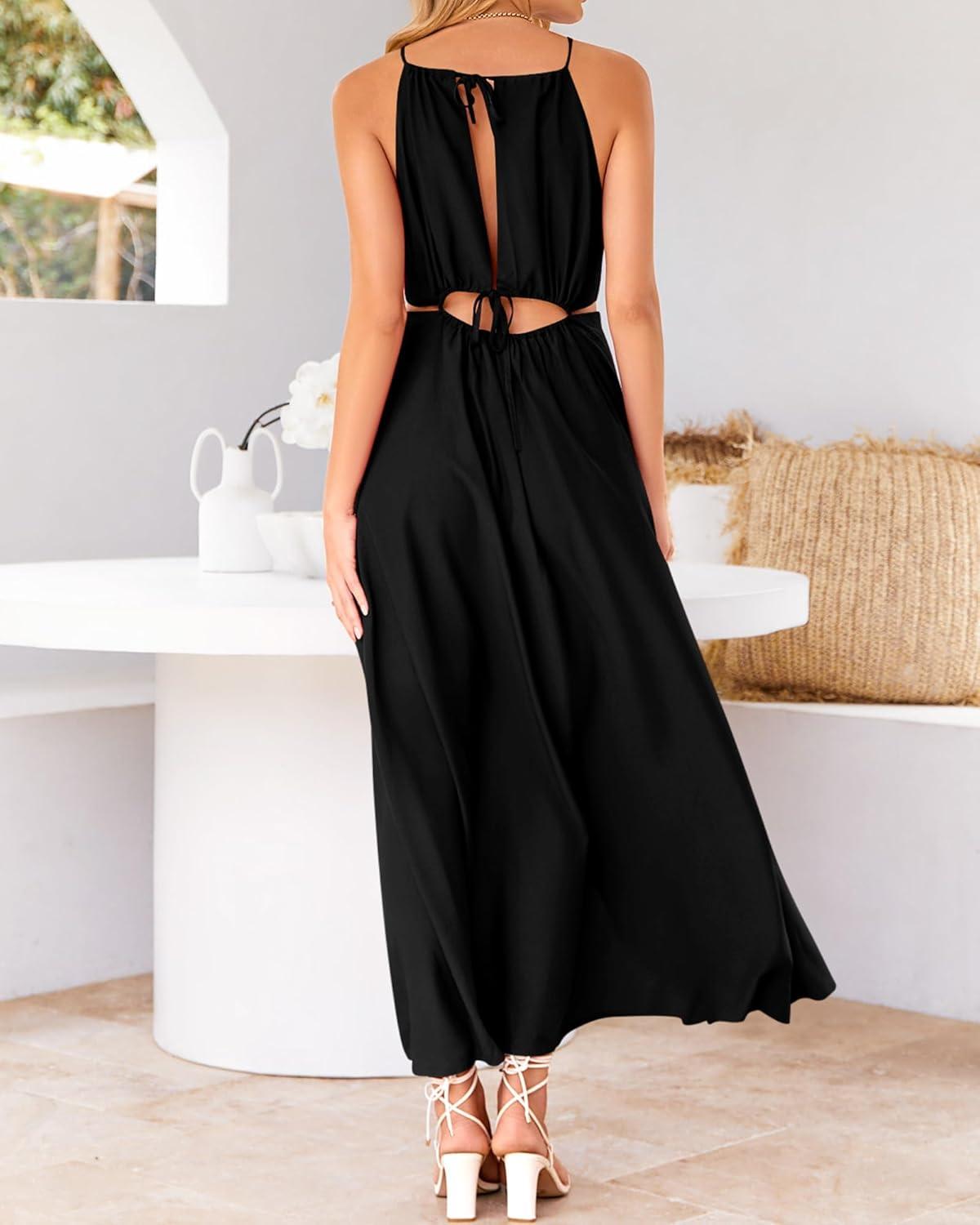 imageBTFBM Women Halter Summer Dresses 2026 Sleeveless Cutout Backless Sundress Slit Boho Maxi Beach Wedding Guest DressBlack