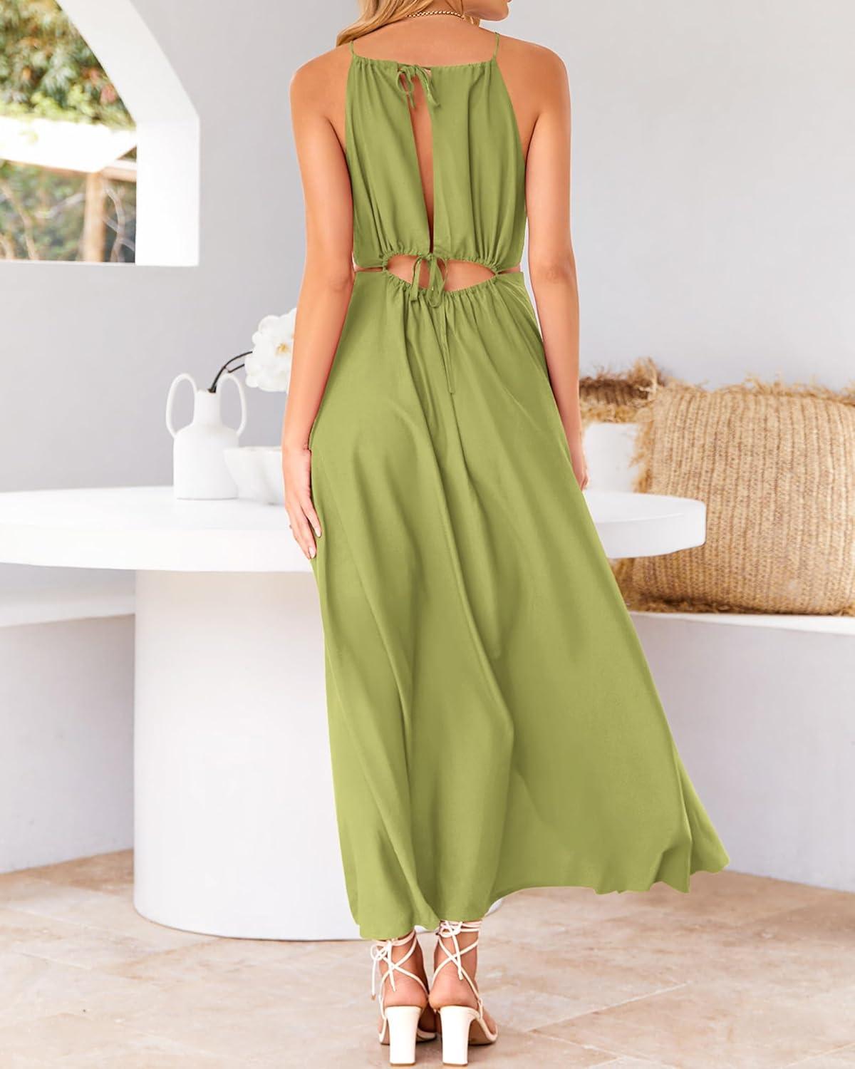 imageBTFBM Women Halter Summer Dresses 2026 Sleeveless Cutout Backless Sundress Slit Boho Maxi Beach Wedding Guest DressGreen