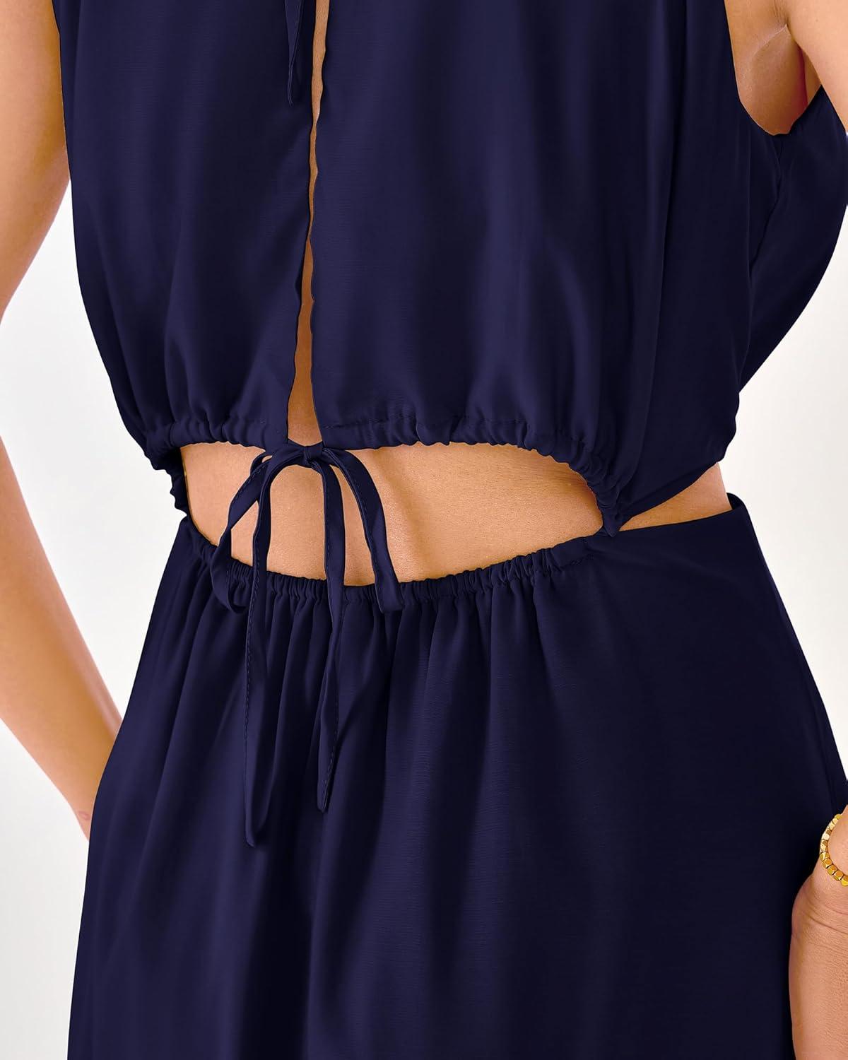 imageBTFBM Women Halter Summer Dresses 2026 Sleeveless Cutout Backless Sundress Slit Boho Maxi Beach Wedding Guest DressNavy