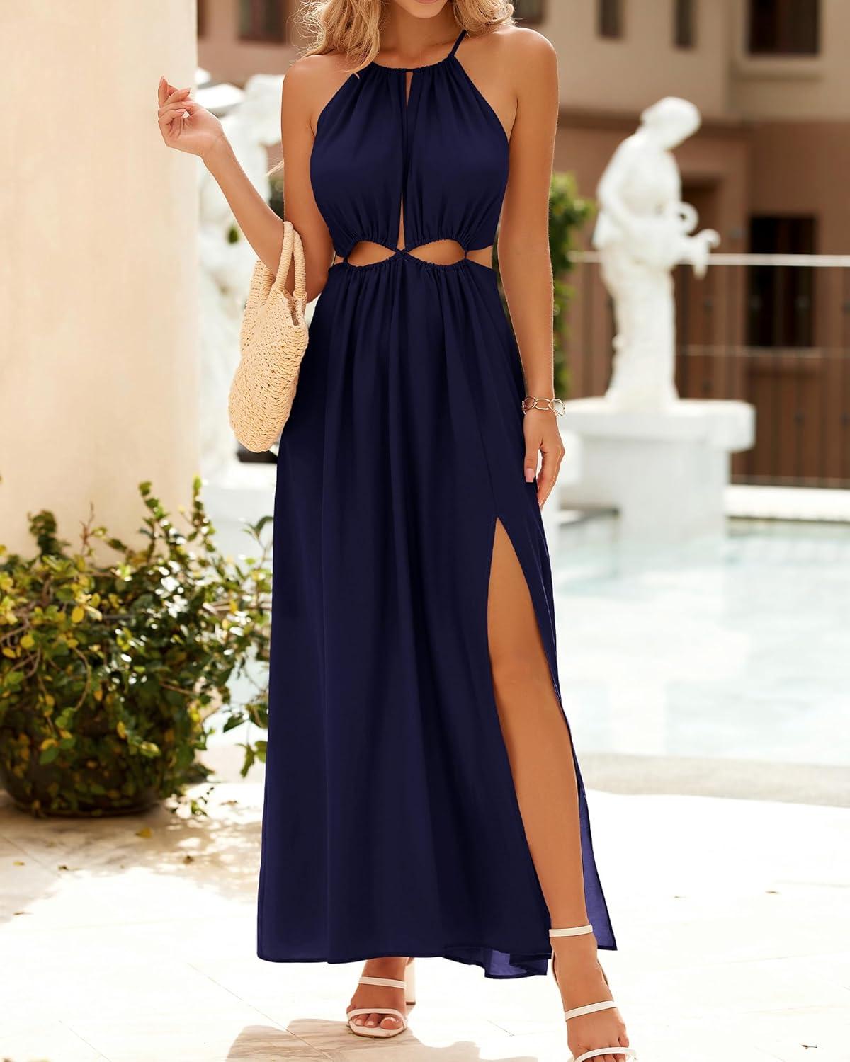 imageBTFBM Women Halter Summer Dresses 2026 Sleeveless Cutout Backless Sundress Slit Boho Maxi Beach Wedding Guest DressNavy