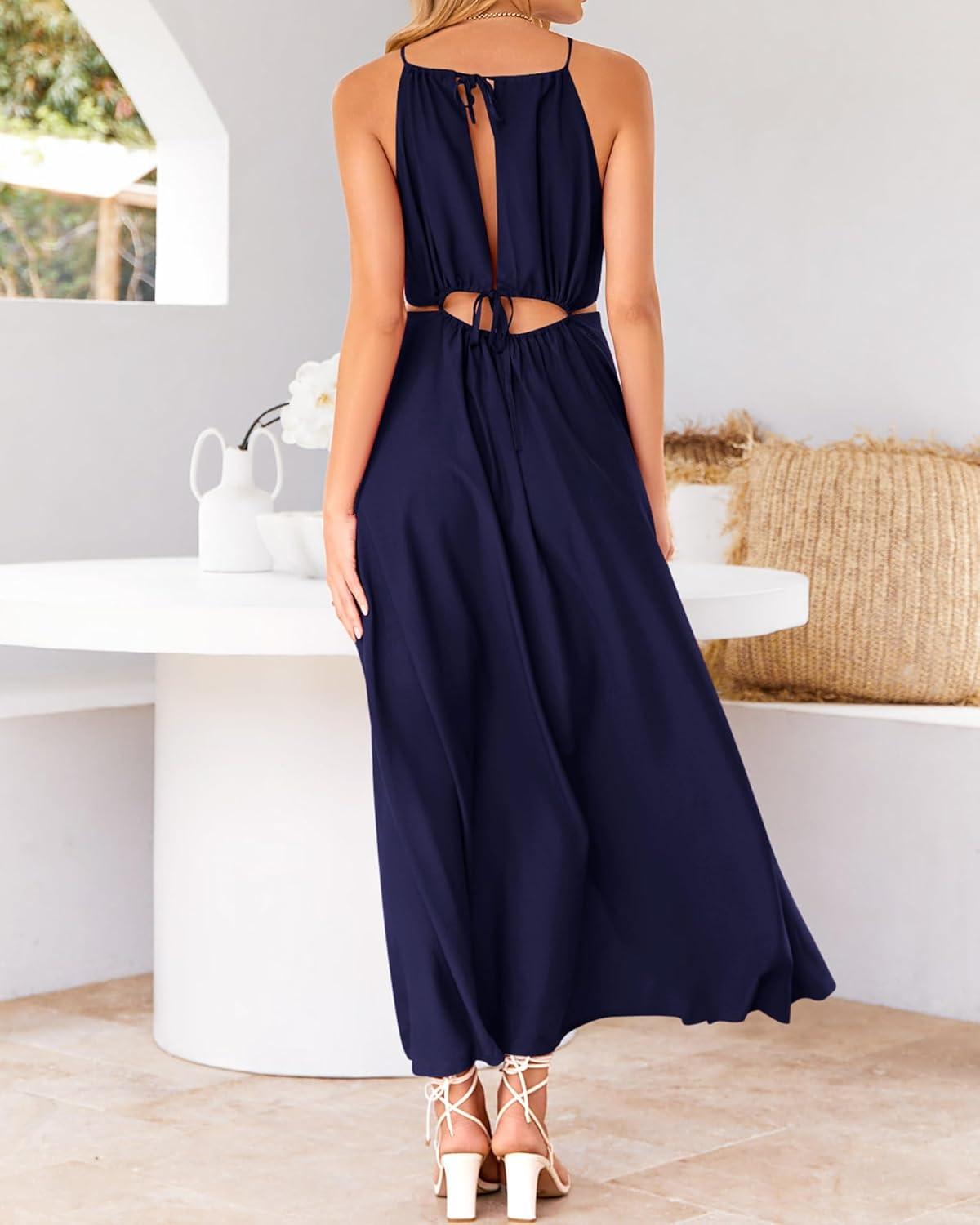 imageBTFBM Women Halter Summer Dresses 2026 Sleeveless Cutout Backless Sundress Slit Boho Maxi Beach Wedding Guest DressNavy