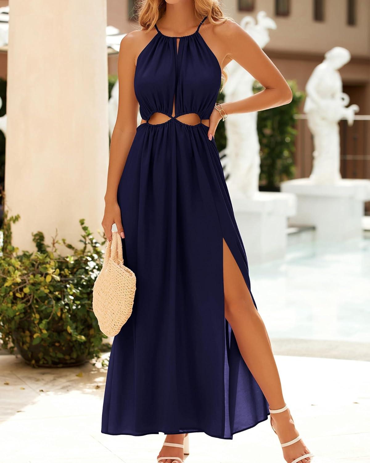 imageBTFBM Women Halter Summer Dresses 2026 Sleeveless Cutout Backless Sundress Slit Boho Maxi Beach Wedding Guest DressNavy