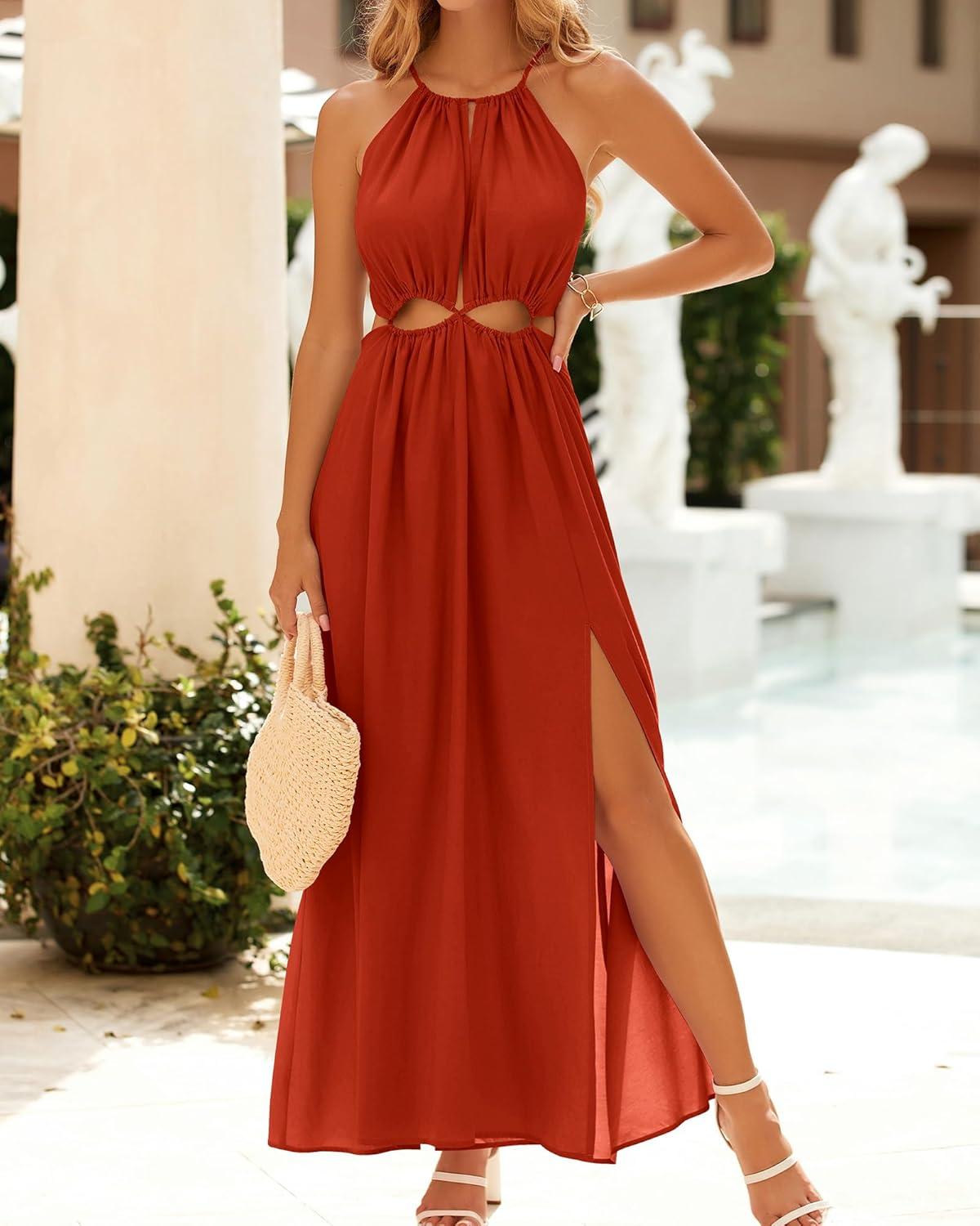 imageBTFBM Women Halter Summer Dresses 2026 Sleeveless Cutout Backless Sundress Slit Boho Maxi Beach Wedding Guest DressOrange Red