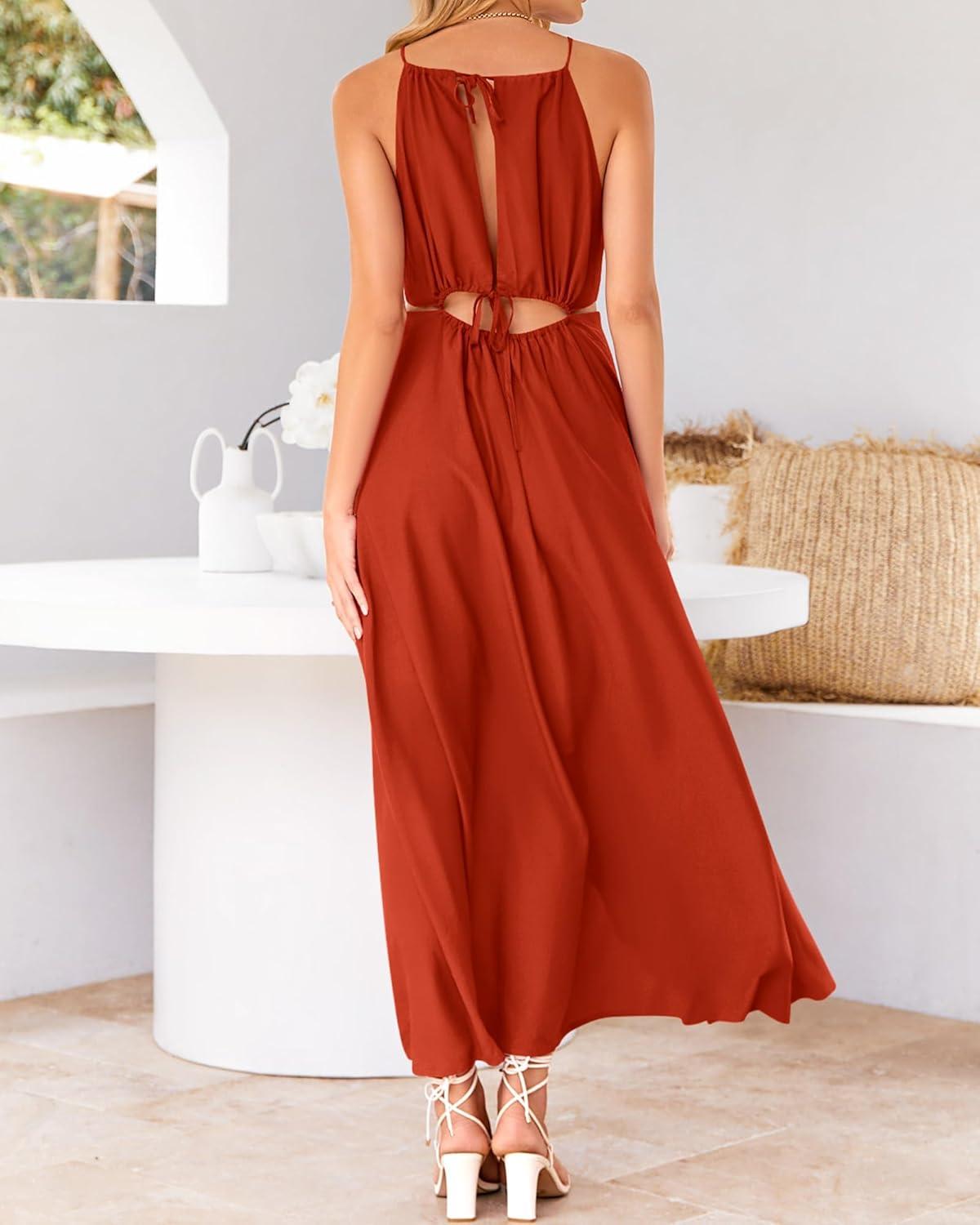 imageBTFBM Women Halter Summer Dresses 2026 Sleeveless Cutout Backless Sundress Slit Boho Maxi Beach Wedding Guest DressOrange Red