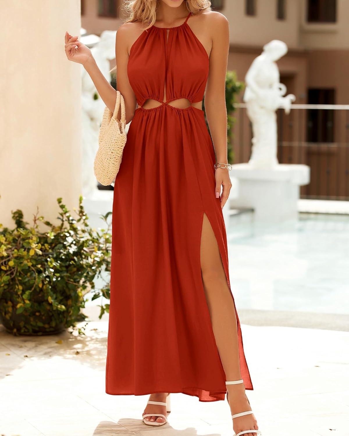 imageBTFBM Women Halter Summer Dresses 2026 Sleeveless Cutout Backless Sundress Slit Boho Maxi Beach Wedding Guest DressOrange Red