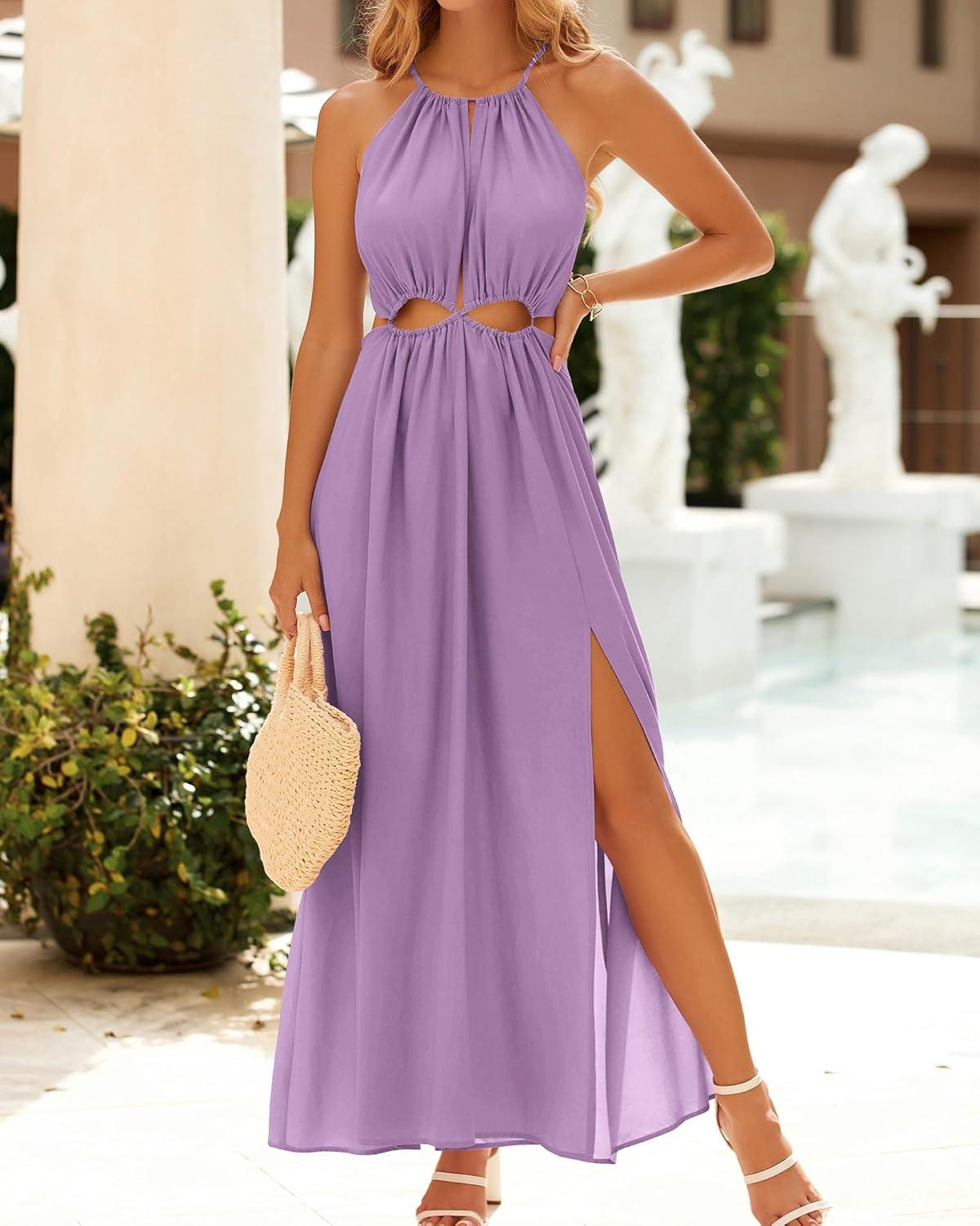 imageBTFBM Women Halter Summer Dresses 2026 Sleeveless Cutout Backless Sundress Slit Boho Maxi Beach Wedding Guest DressPurple