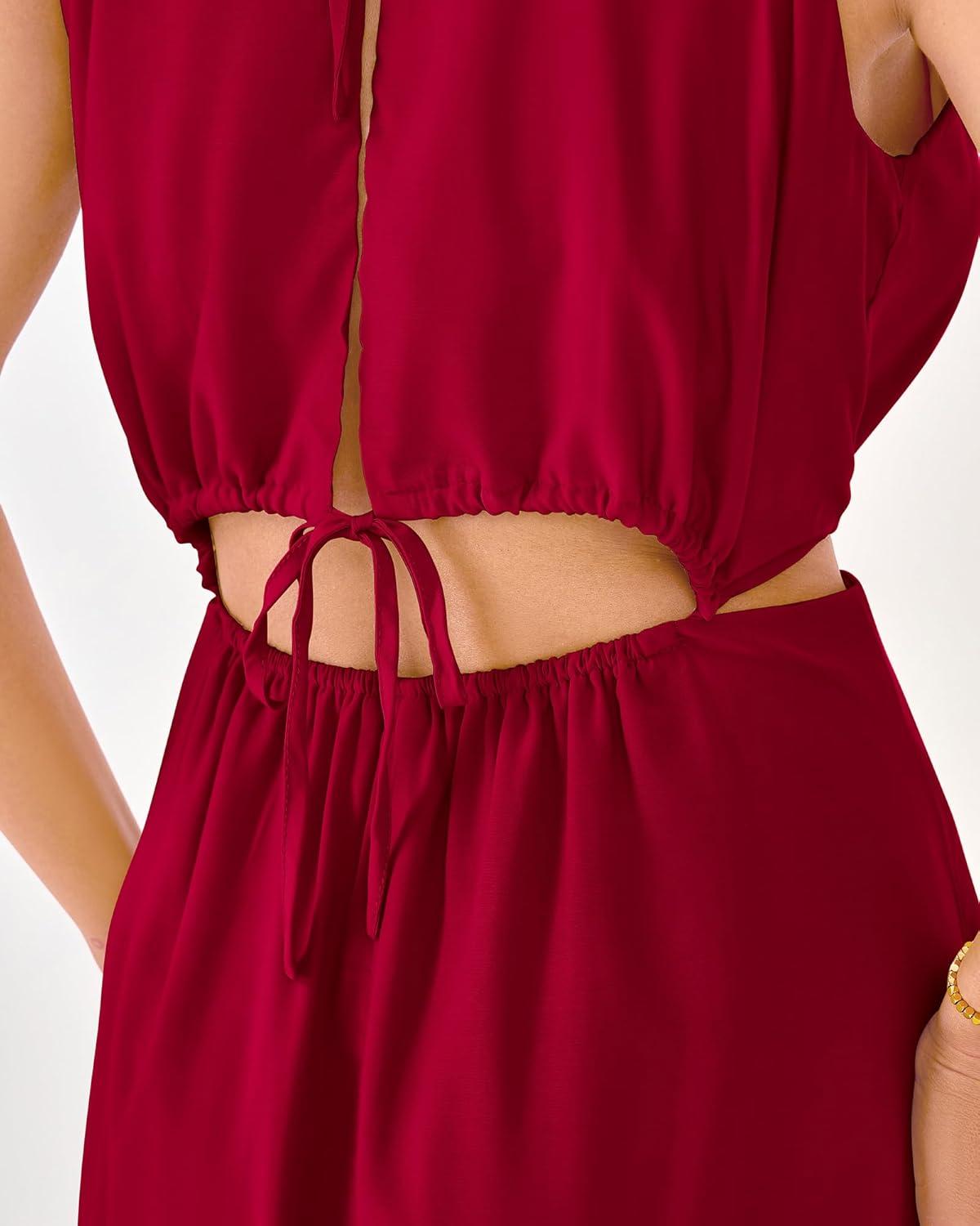 imageBTFBM Women Halter Summer Dresses 2026 Sleeveless Cutout Backless Sundress Slit Boho Maxi Beach Wedding Guest DressRed