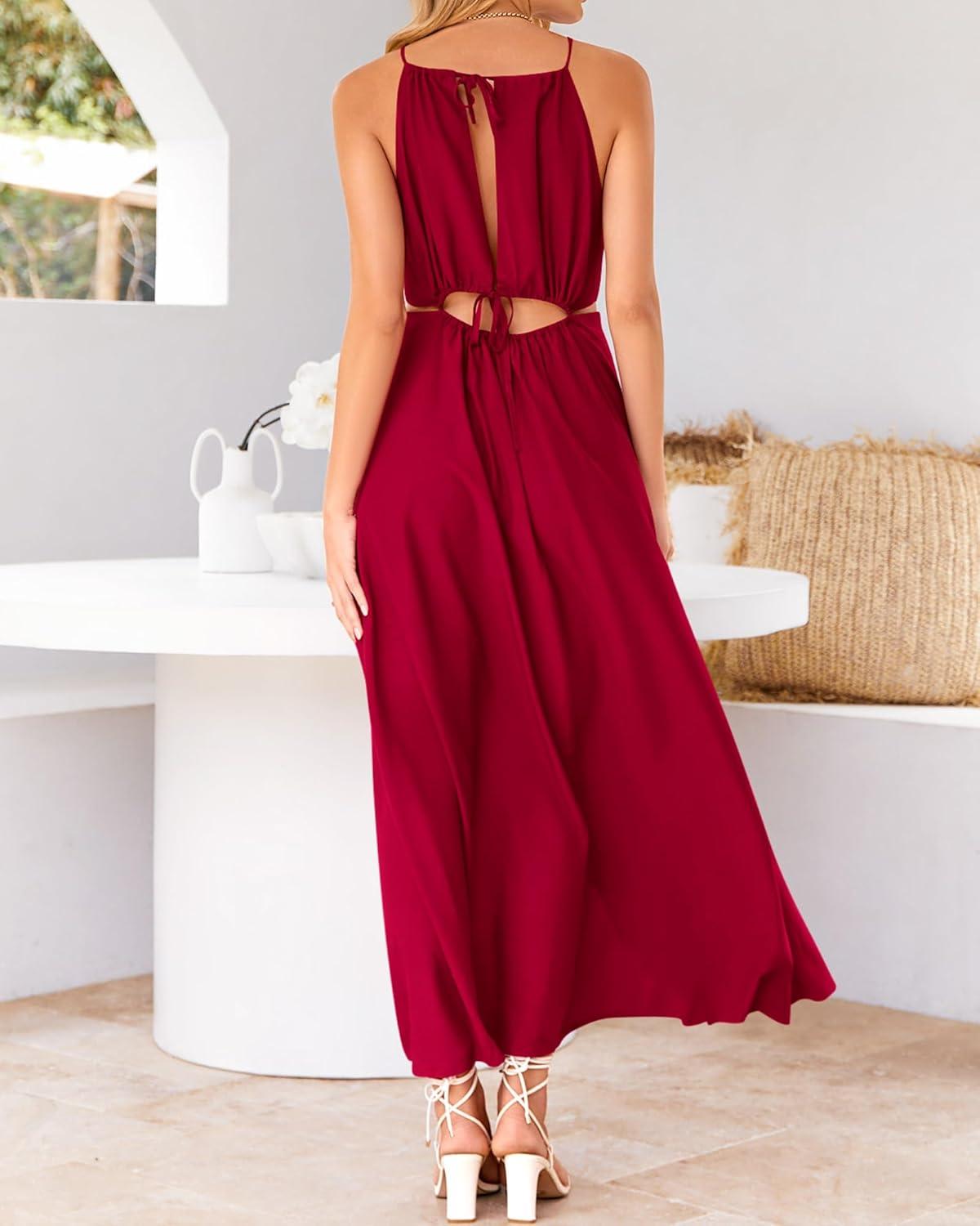 imageBTFBM Women Halter Summer Dresses 2026 Sleeveless Cutout Backless Sundress Slit Boho Maxi Beach Wedding Guest DressRed