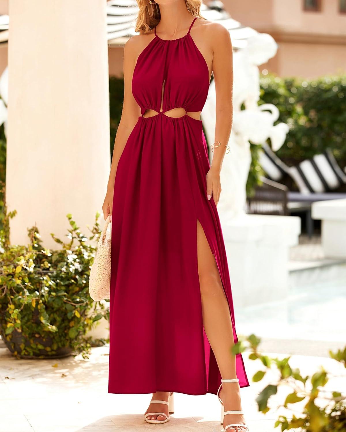 imageBTFBM Women Halter Summer Dresses 2026 Sleeveless Cutout Backless Sundress Slit Boho Maxi Beach Wedding Guest DressRed