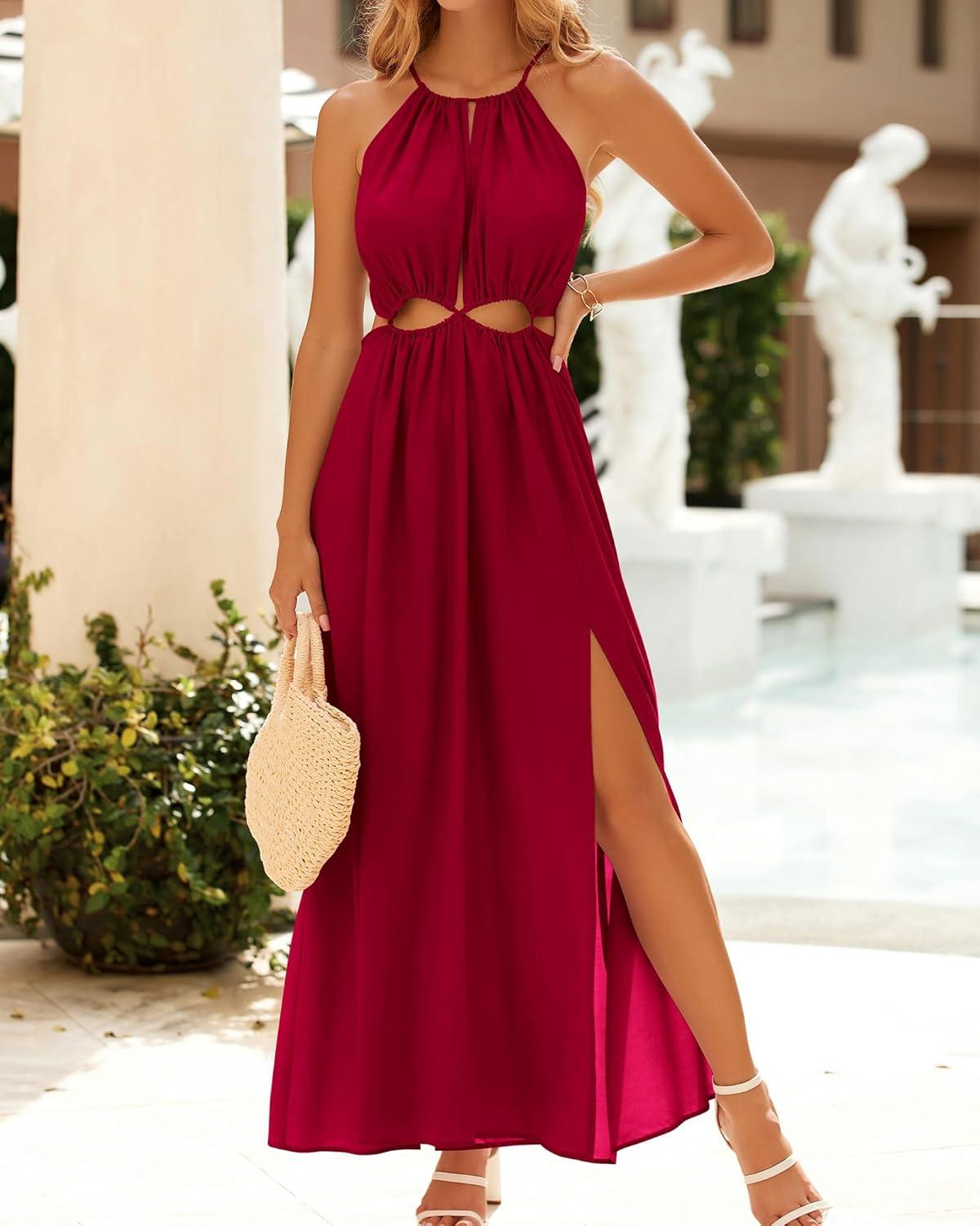 imageBTFBM Women Halter Summer Dresses 2026 Sleeveless Cutout Backless Sundress Slit Boho Maxi Beach Wedding Guest DressRed