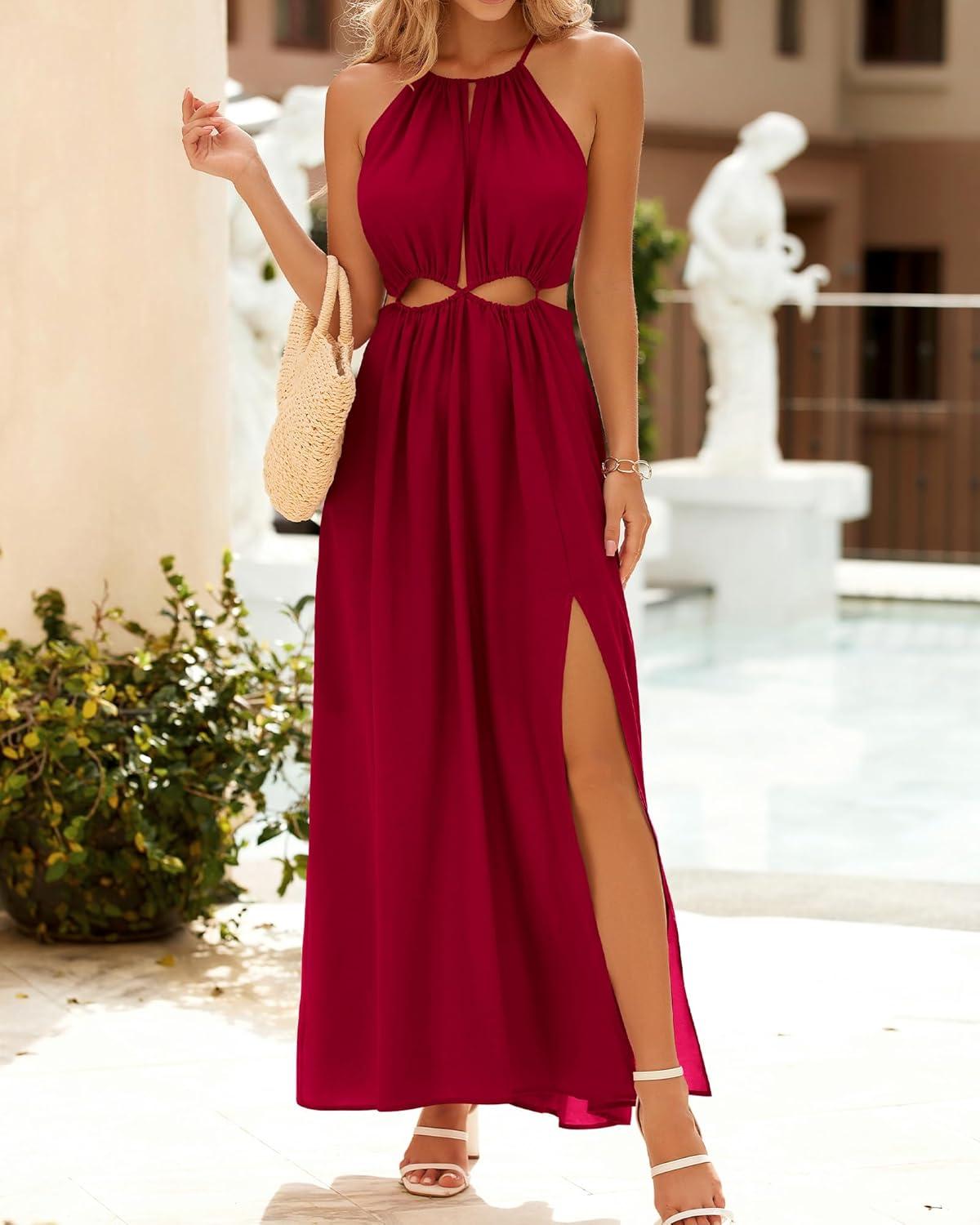 imageBTFBM Women Halter Summer Dresses 2026 Sleeveless Cutout Backless Sundress Slit Boho Maxi Beach Wedding Guest DressRed