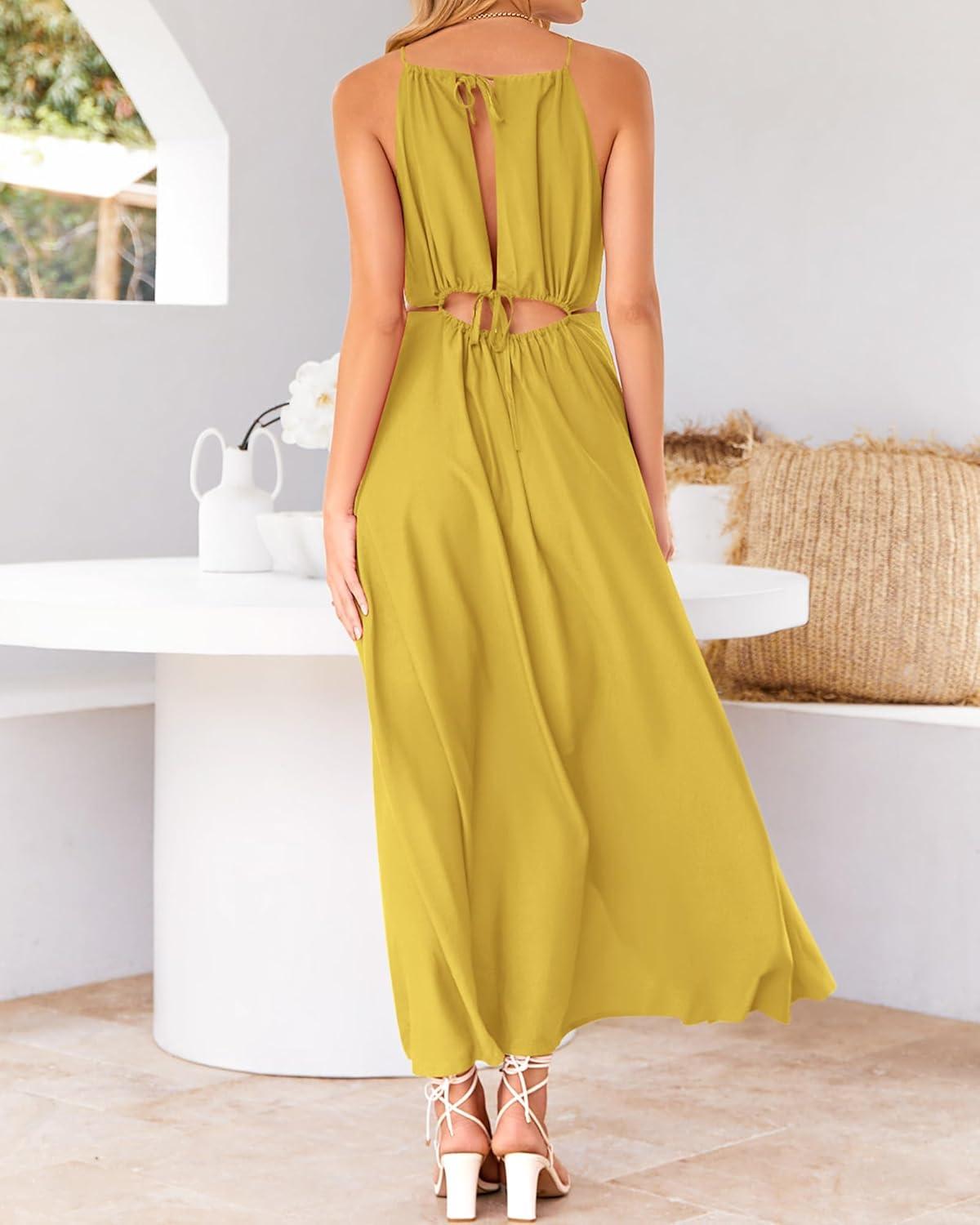 imageBTFBM Women Halter Summer Dresses 2026 Sleeveless Cutout Backless Sundress Slit Boho Maxi Beach Wedding Guest DressYellow