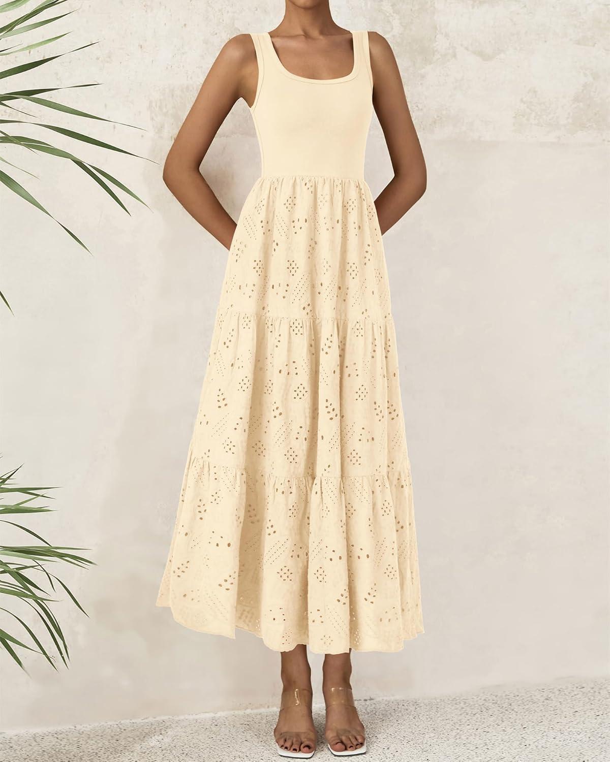 imageBTFBM Women Summer Eyelet Midi Dresses Casual Spring 2026 Sleeveless A Line Flowy Vacation Beach Wedding Guest Sun DressApricot