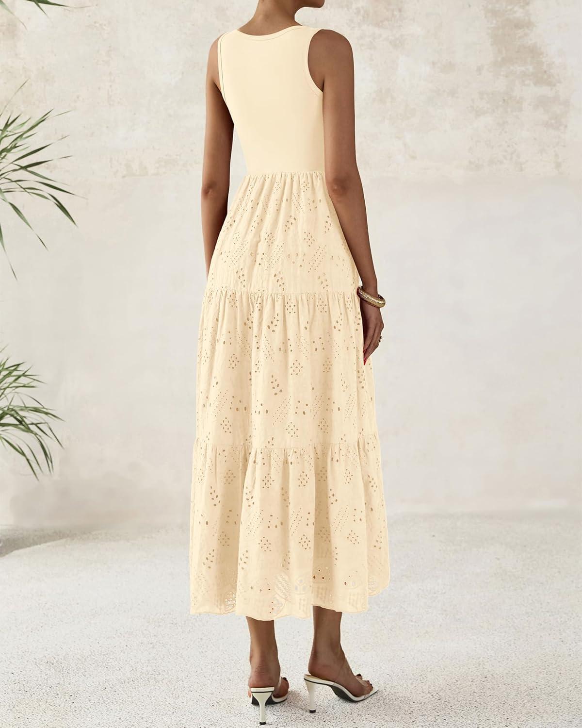 imageBTFBM Women Summer Eyelet Midi Dresses Casual Spring 2026 Sleeveless A Line Flowy Vacation Beach Wedding Guest Sun DressApricot