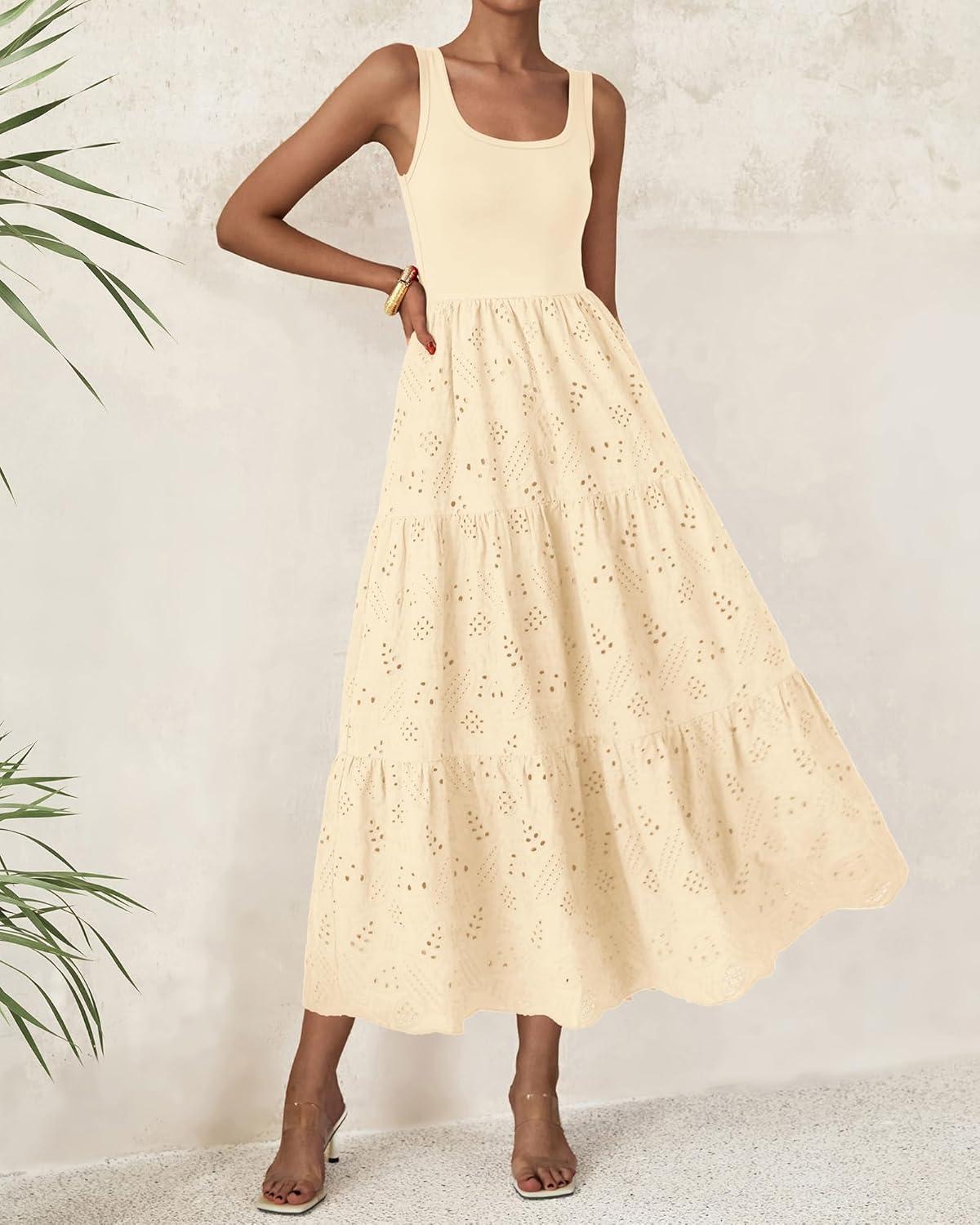 imageBTFBM Women Summer Eyelet Midi Dresses Casual Spring 2026 Sleeveless A Line Flowy Vacation Beach Wedding Guest Sun DressApricot