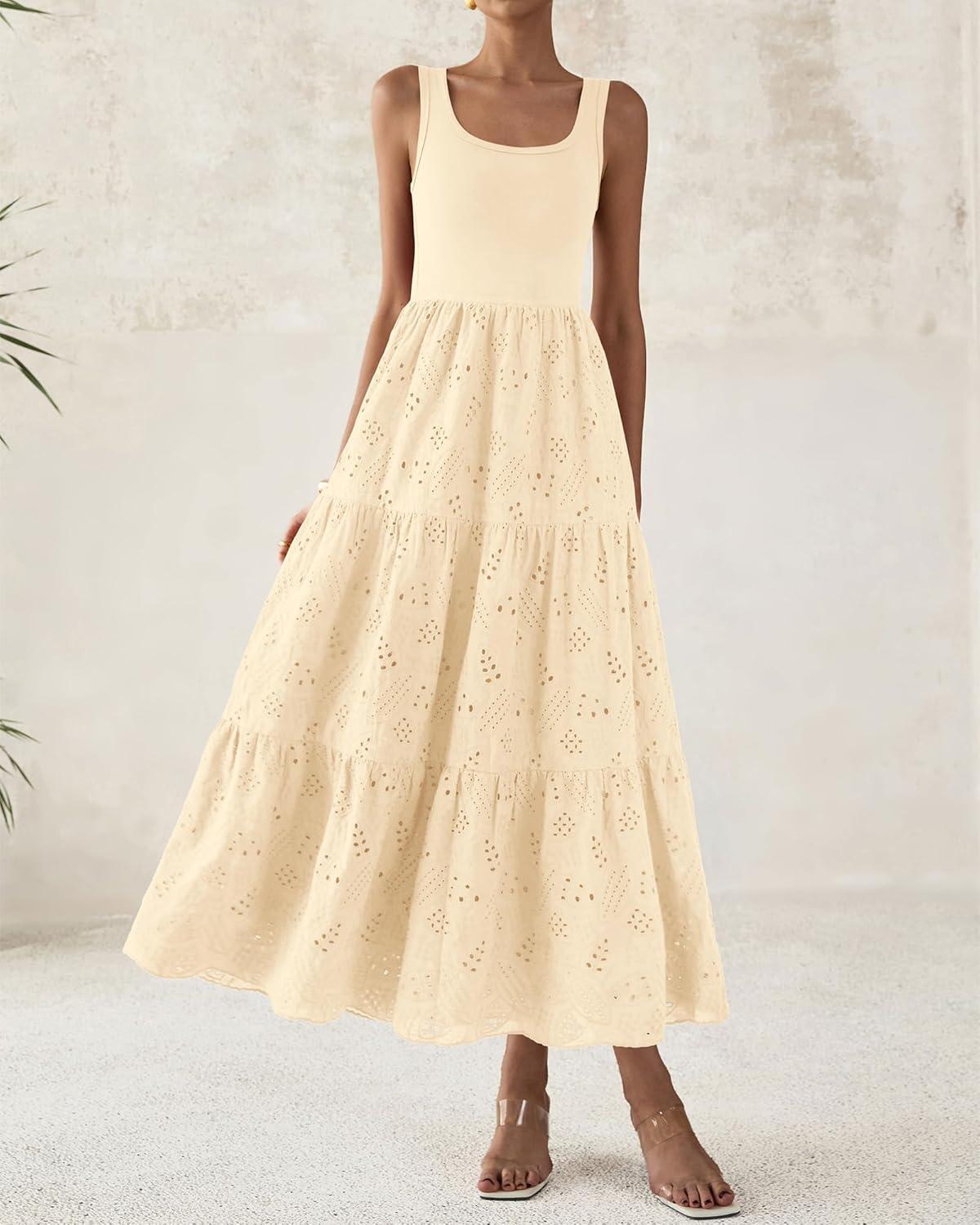 imageBTFBM Women Summer Eyelet Midi Dresses Casual Spring 2026 Sleeveless A Line Flowy Vacation Beach Wedding Guest Sun DressApricot